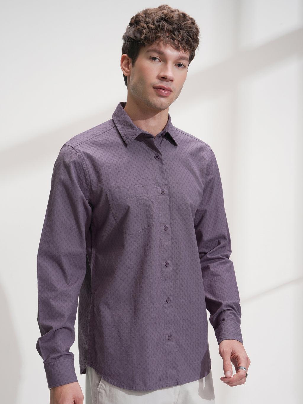 Highlander Men Purple Self Design Slim Fit Casual Shirt - Purple - Image 6