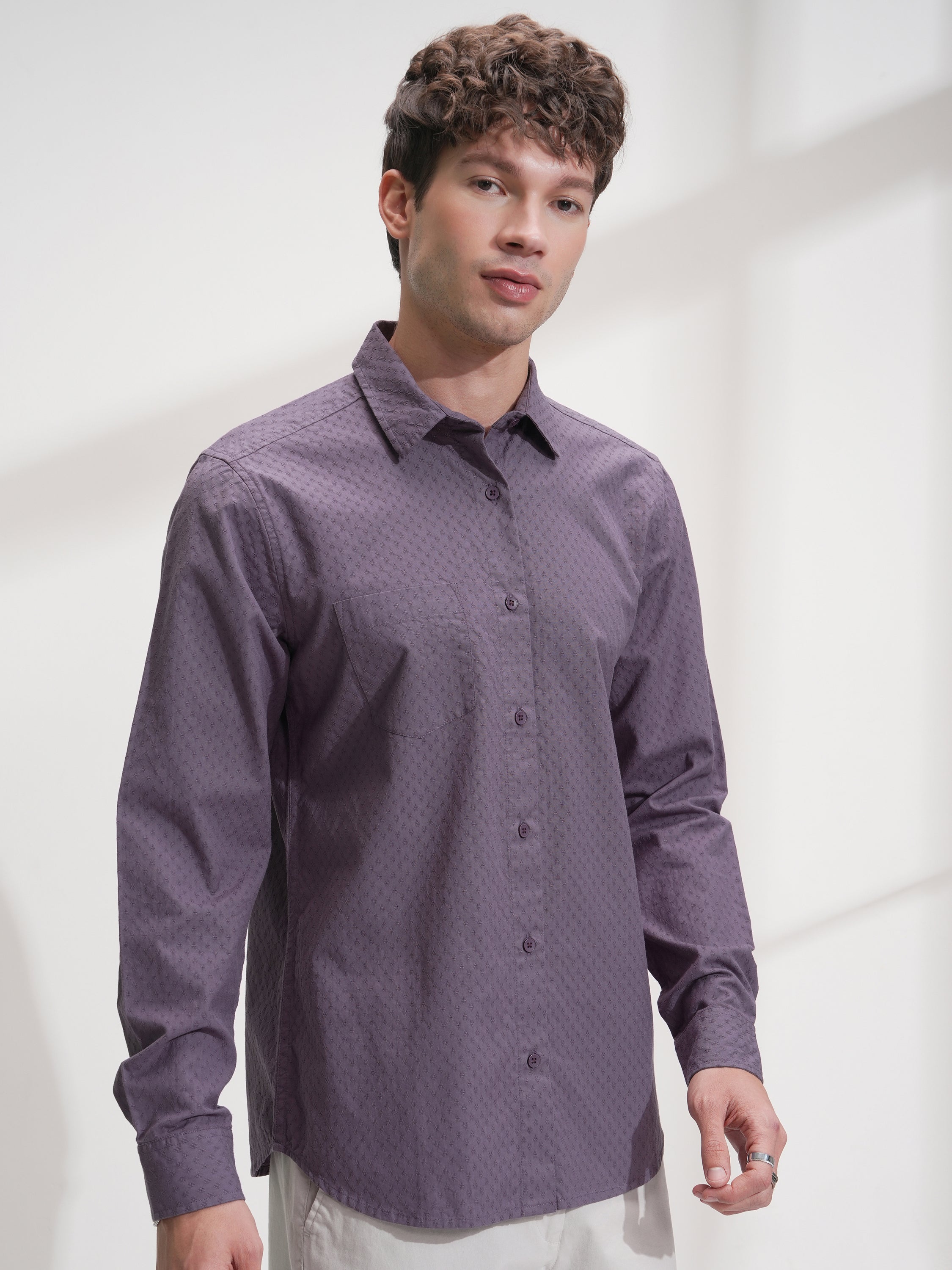 Highlander Men Purple Self Design Slim Fit Casual Shirt - Purple - Image 6