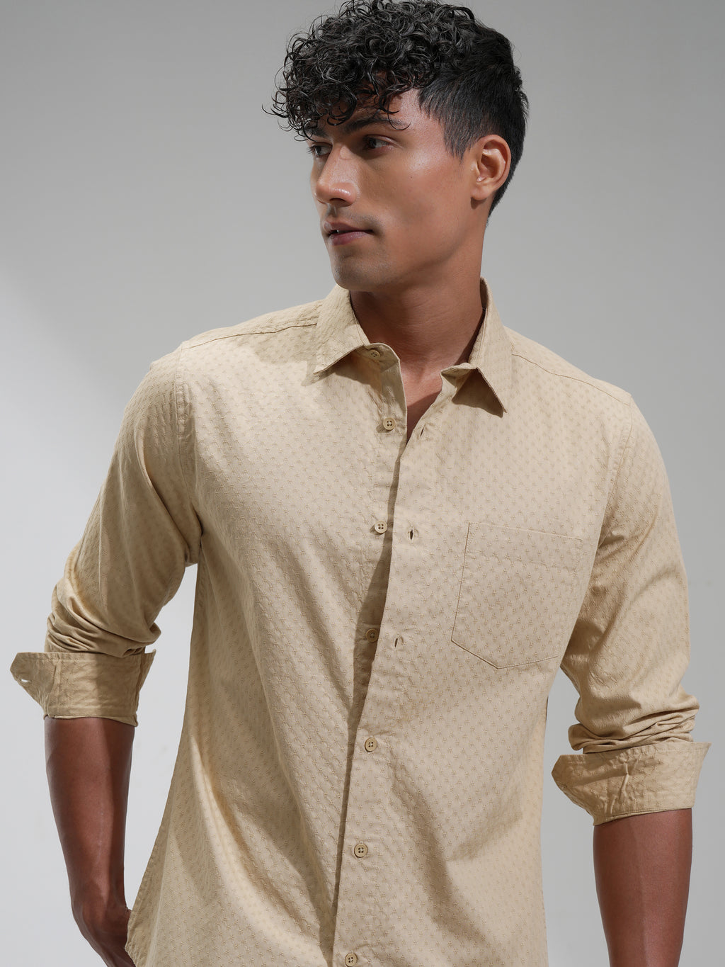 Highlander Men Beige Self Design Slim Fit Casual Shirt - Beige - Image 1