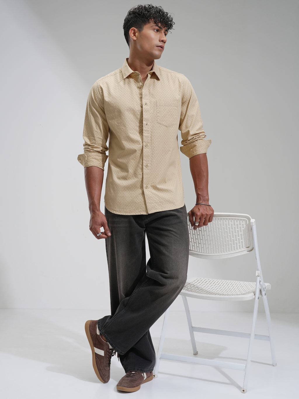 Highlander Men Beige Self Design Slim Fit Casual Shirt - Beige - Image 2