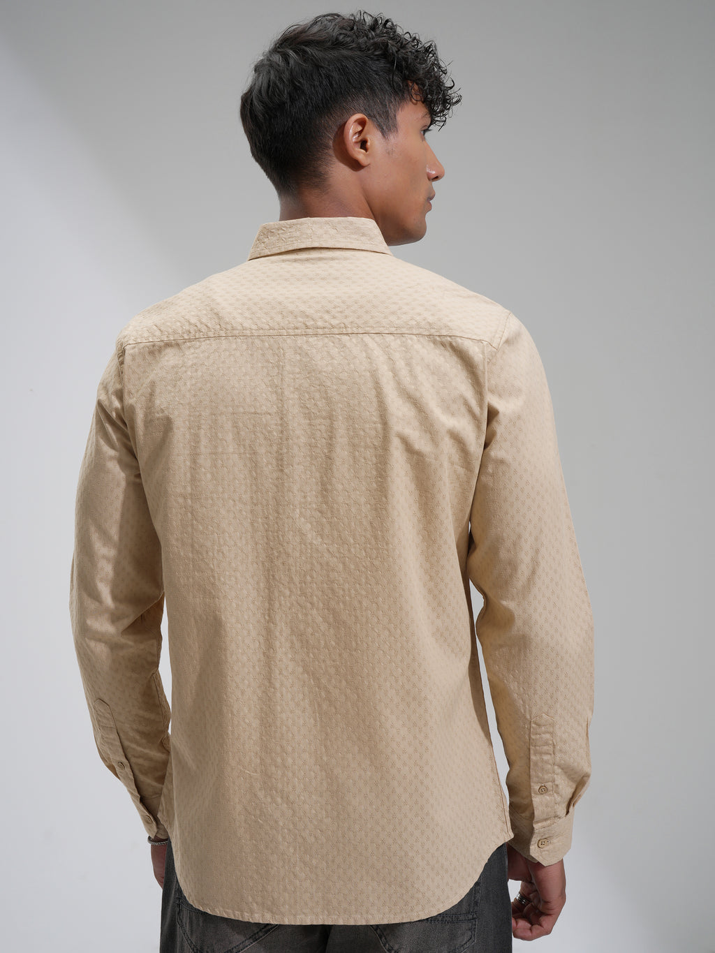 Highlander Men Beige Self Design Slim Fit Casual Shirt - Beige - Image 3