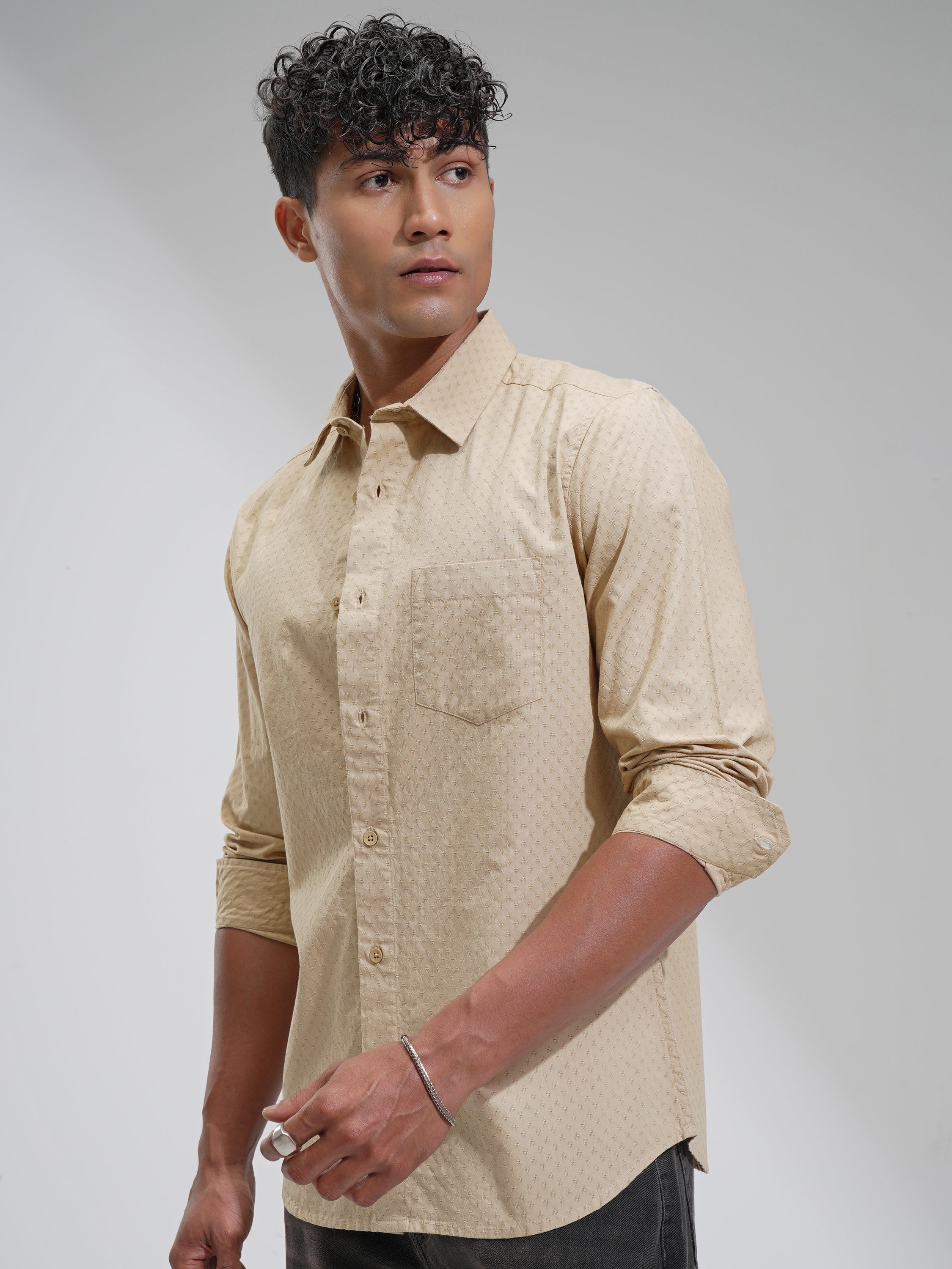 Highlander Men Beige Self Design Slim Fit Casual Shirt - Beige - Image 4