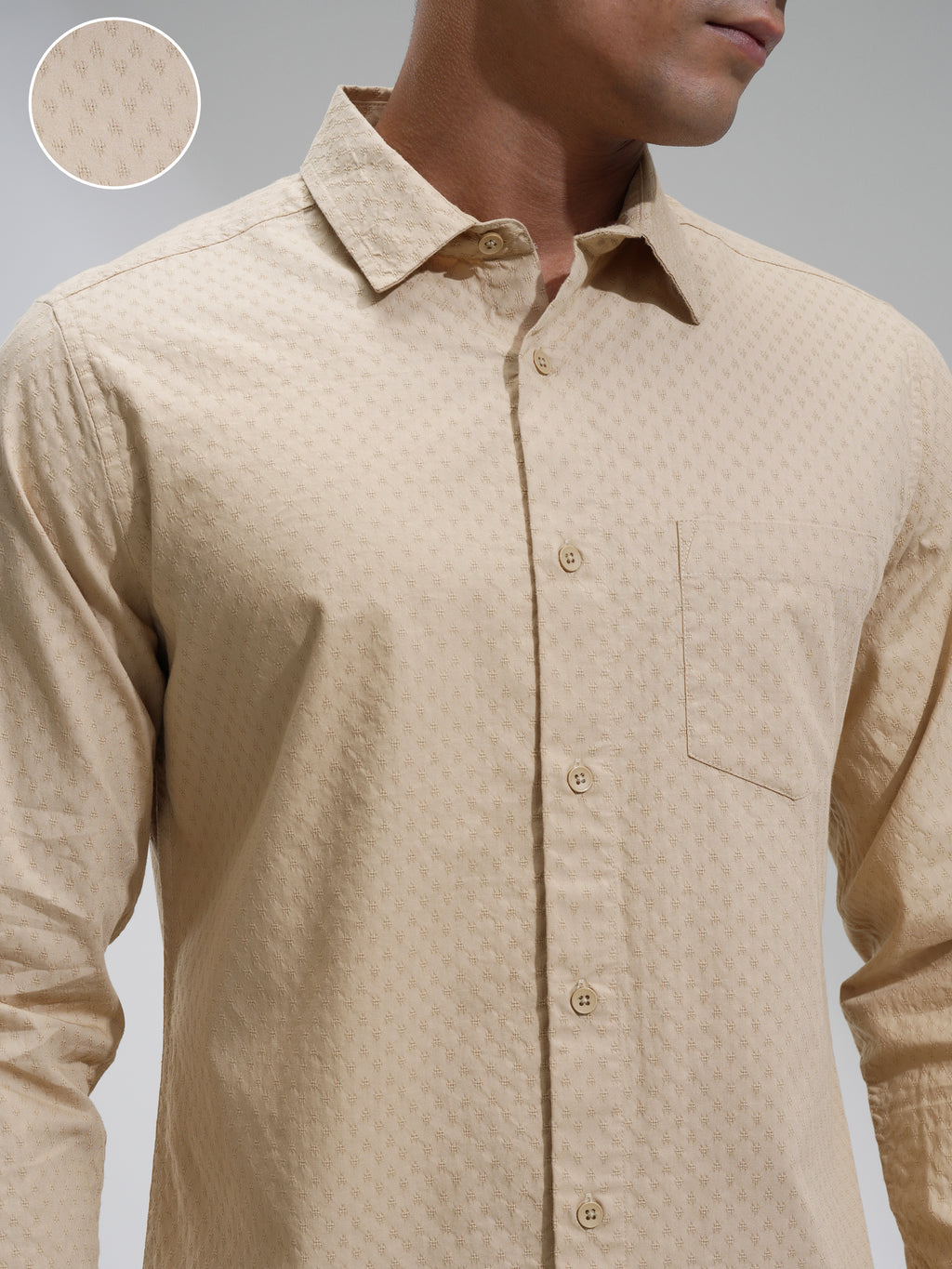 Highlander Men Beige Self Design Slim Fit Casual Shirt - Beige - Image 5