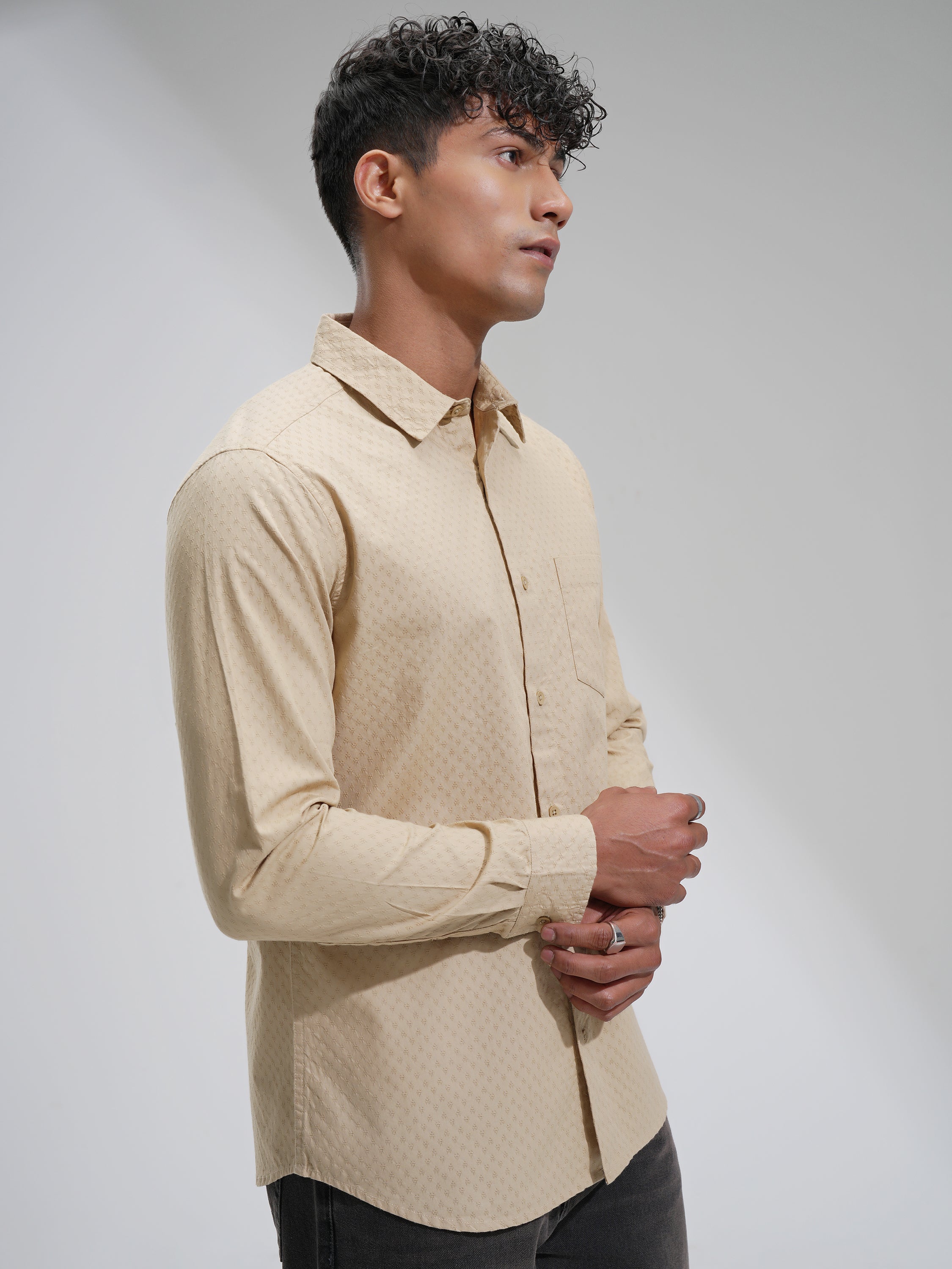 Highlander Men Beige Self Design Slim Fit Casual Shirt - Beige - Image 6