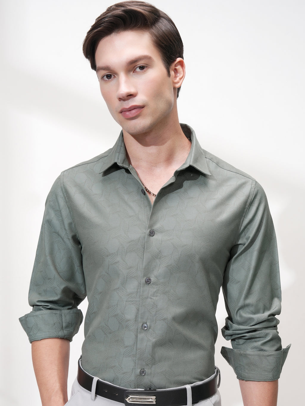 Highlander Men Green Self Design Slim Fit Casual Shirt - Green - Image 1