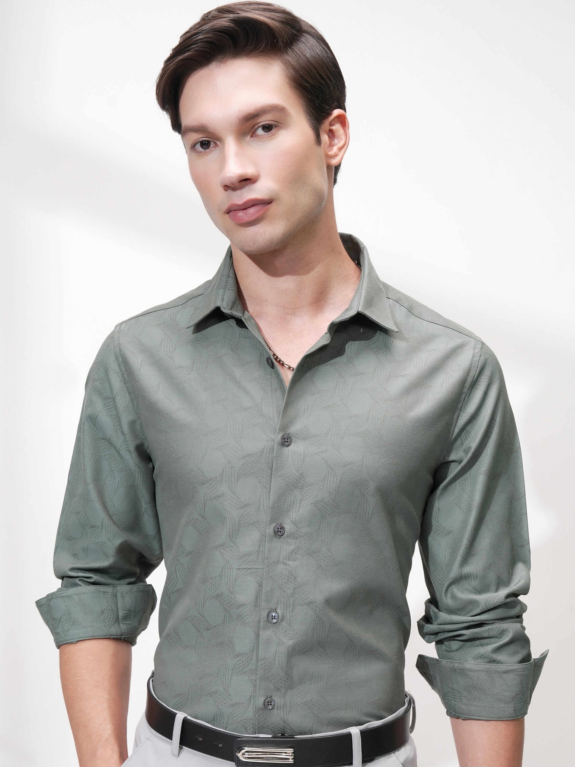 Highlander Men Green Self Design Slim Fit Casual Shirt - Green - Image 1