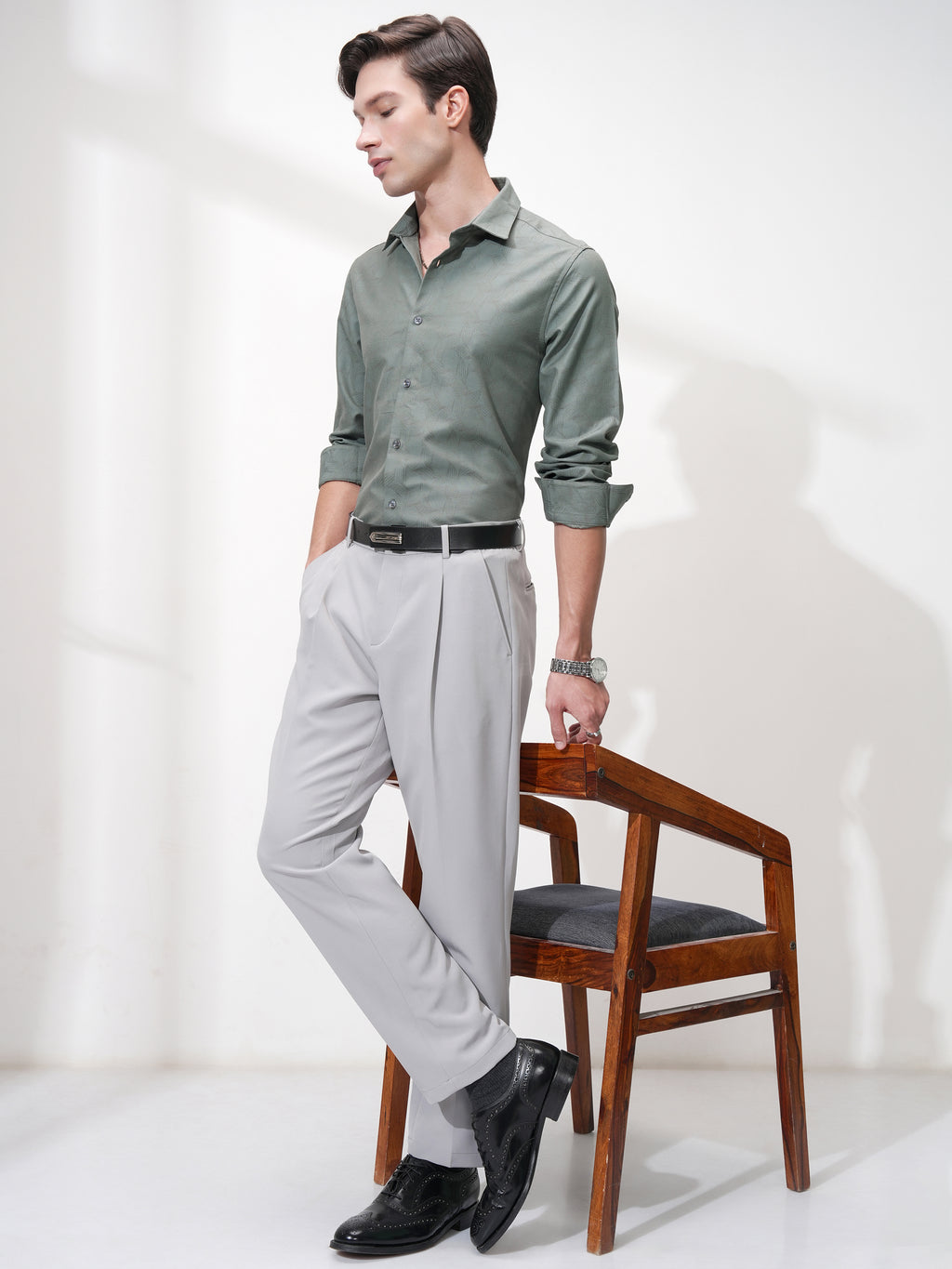 Highlander Men Green Self Design Slim Fit Casual Shirt - Green - Image 2