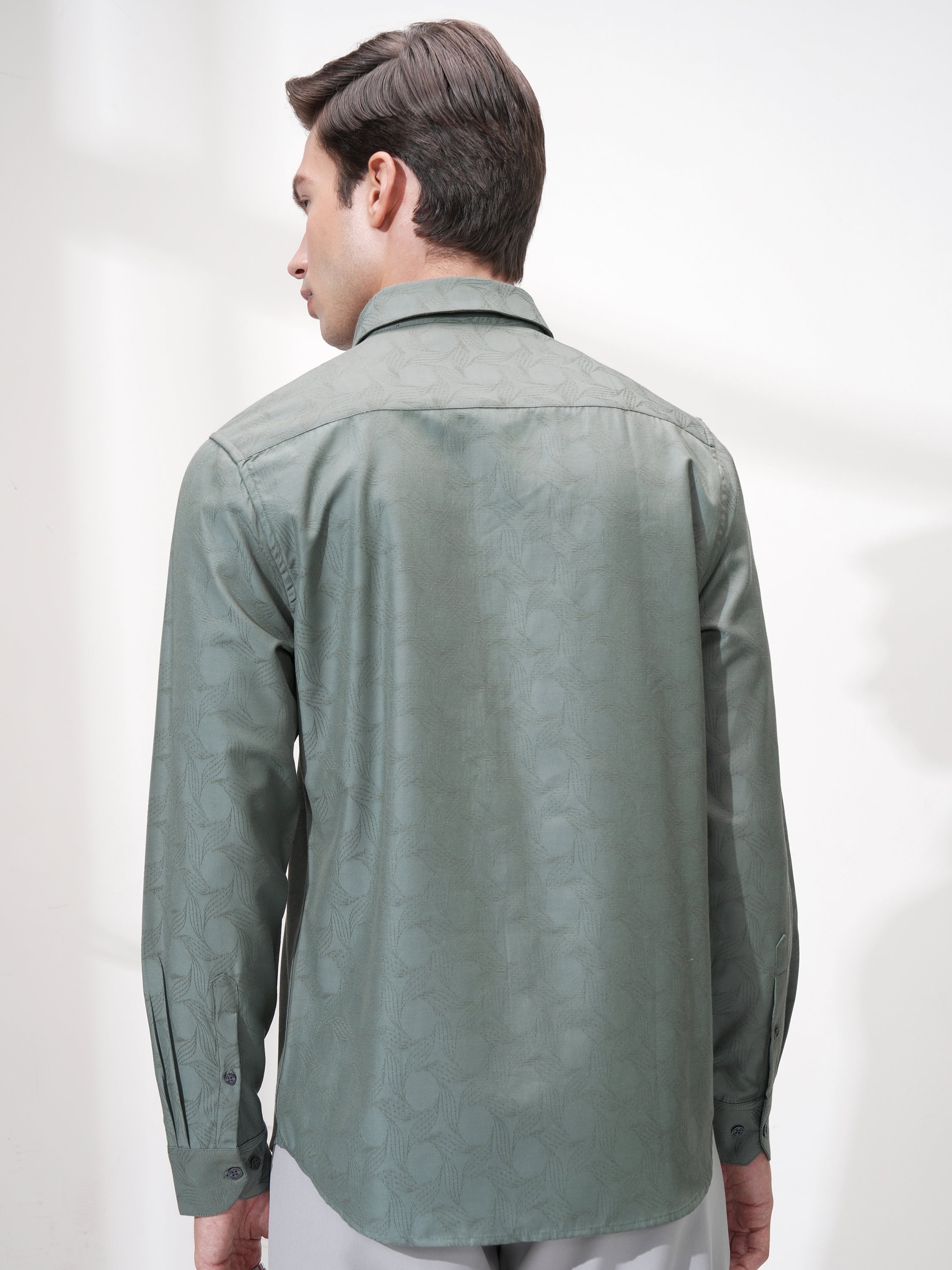 Highlander Men Green Self Design Slim Fit Casual Shirt - Green - Image 3