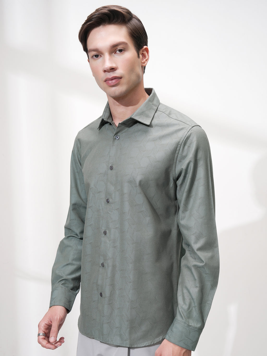 Highlander Men Green Self Design Slim Fit Casual Shirt - Green - Image 4