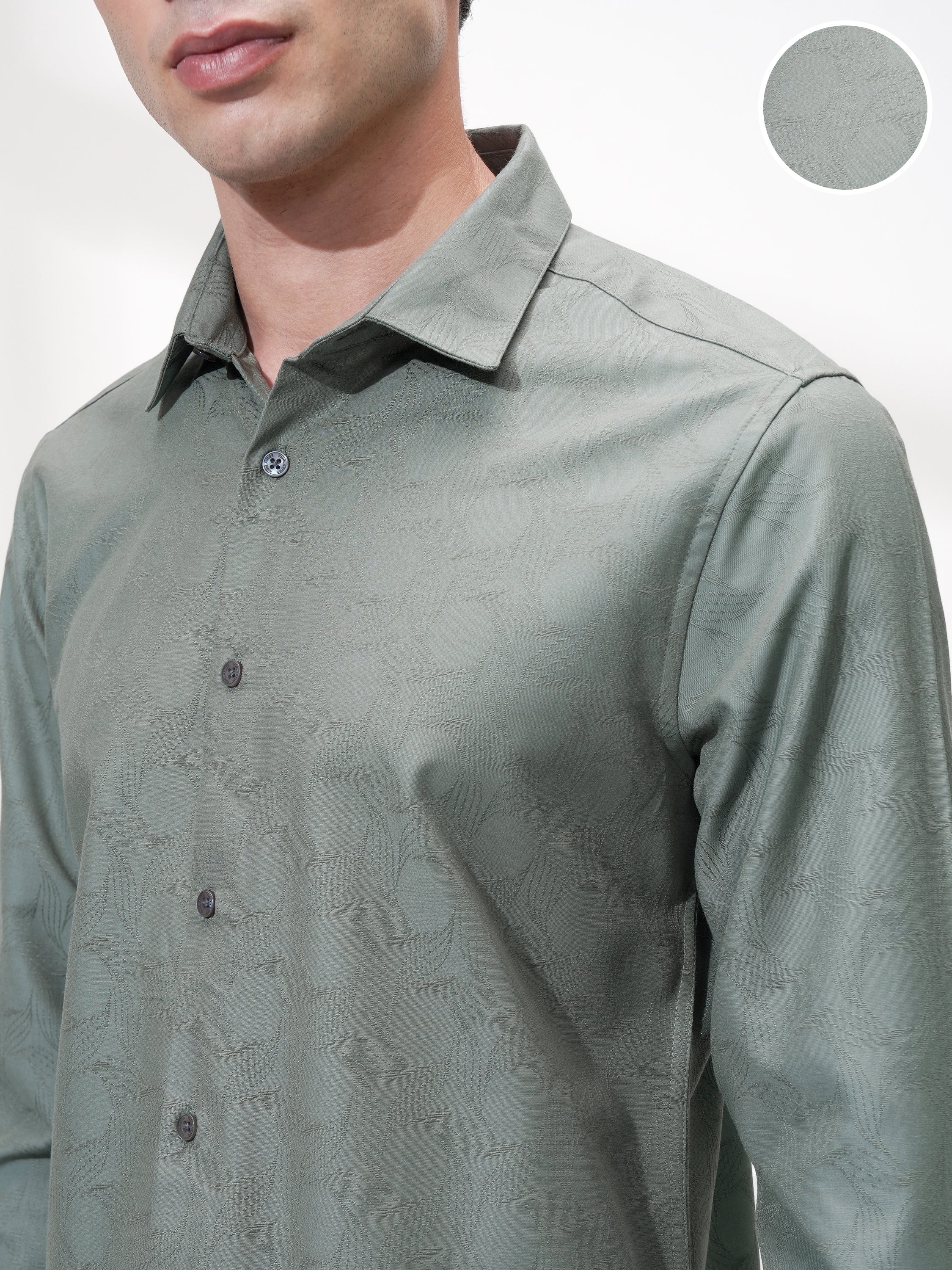Highlander Men Green Self Design Slim Fit Casual Shirt - Green - Image 5
