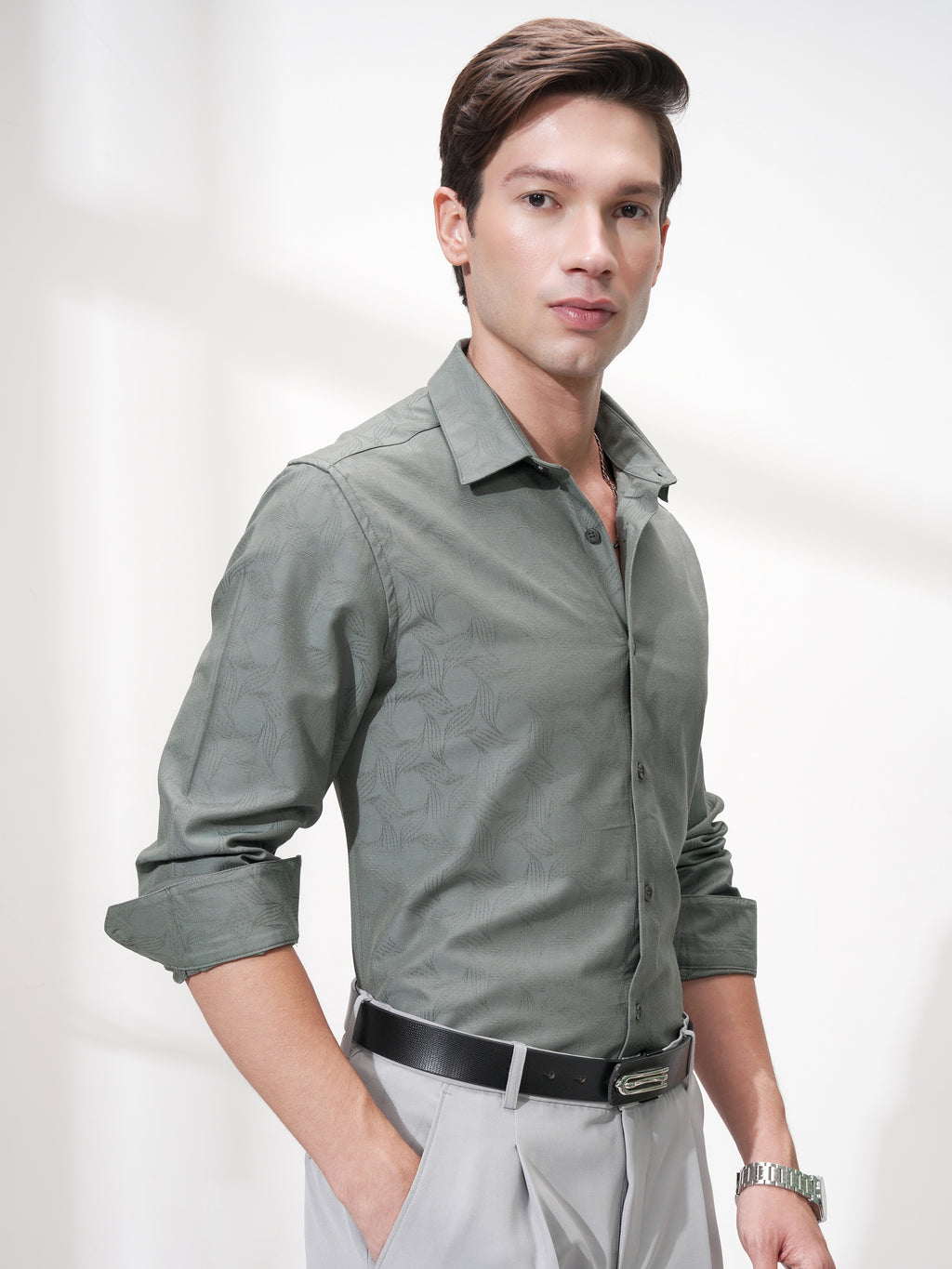 Highlander Men Green Self Design Slim Fit Casual Shirt - Green - Image 6