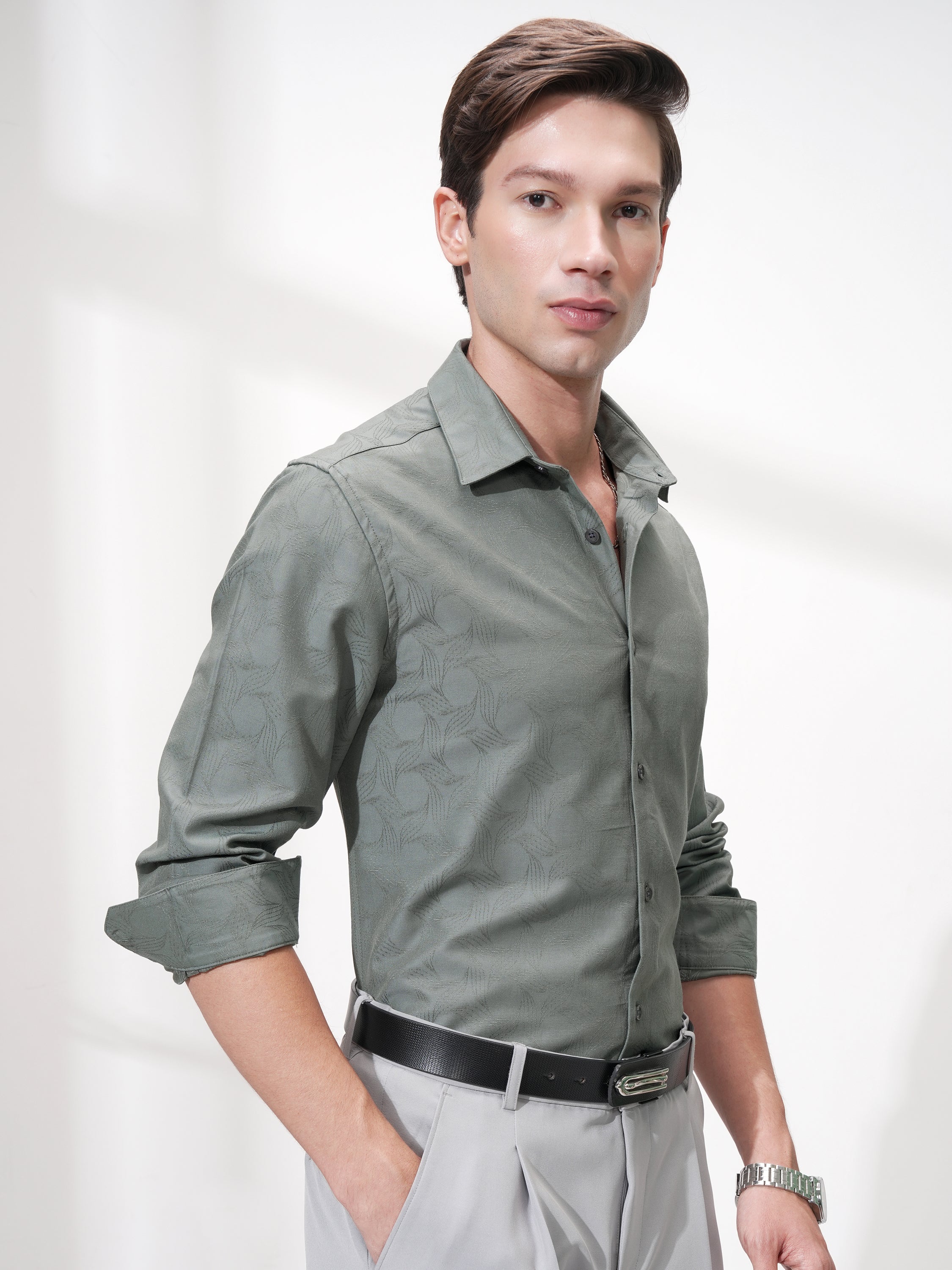 Highlander Men Green Self Design Slim Fit Casual Shirt - Green - Image 6