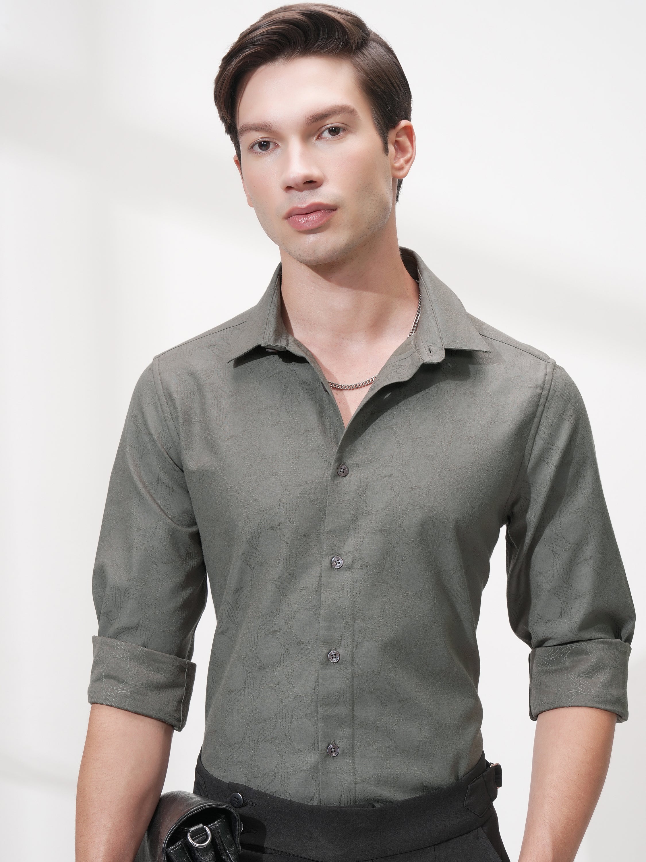 Highlander Men Grey Self Design Slim Fit Casual Shirt - Grey - Image 1
