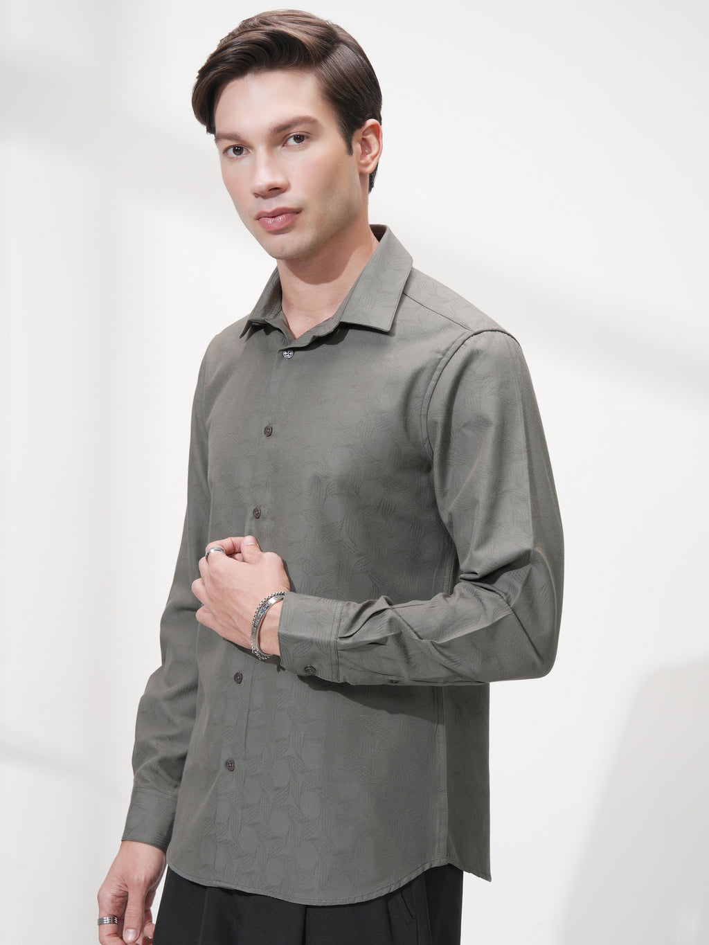 Highlander Men Grey Self Design Slim Fit Casual Shirt - Grey - Image 4