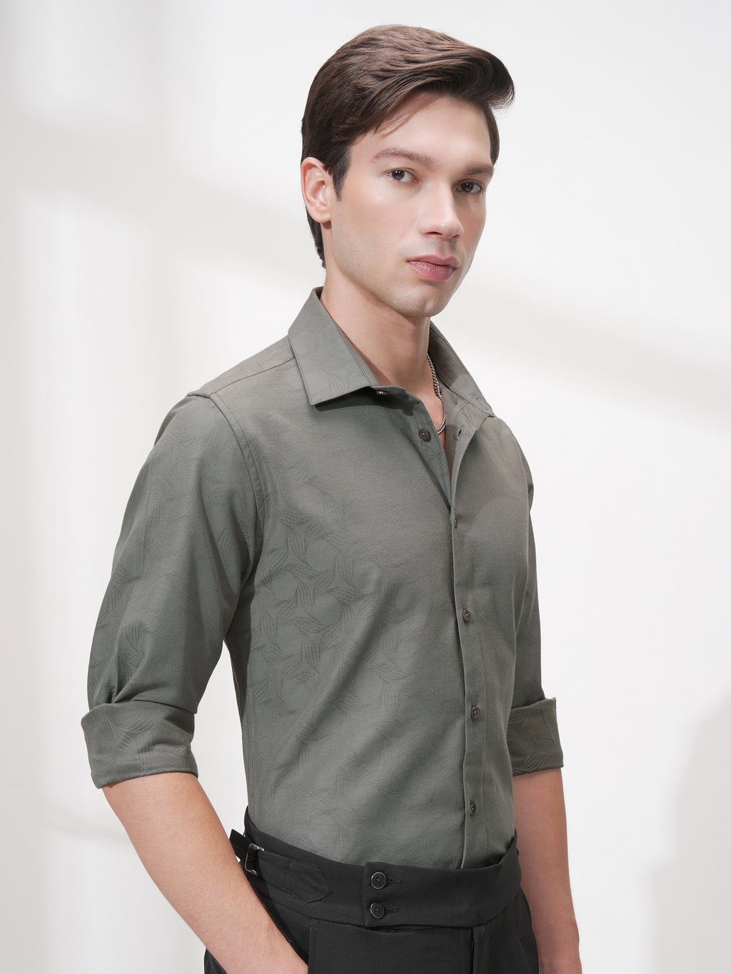 Highlander Men Grey Self Design Slim Fit Casual Shirt - Grey - Image 6