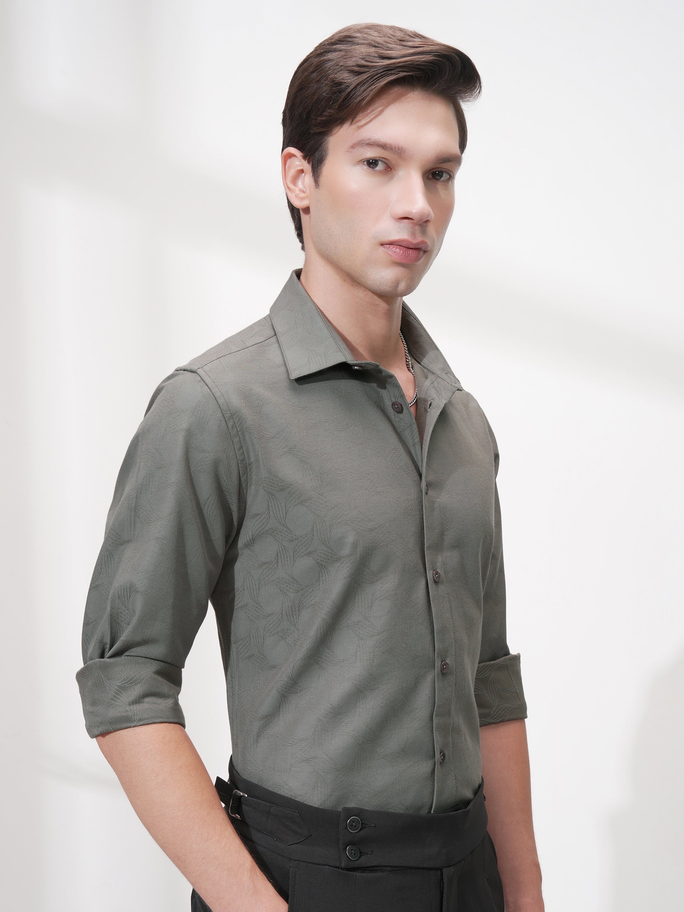 Highlander Men Grey Self Design Slim Fit Casual Shirt - Grey - Image 6