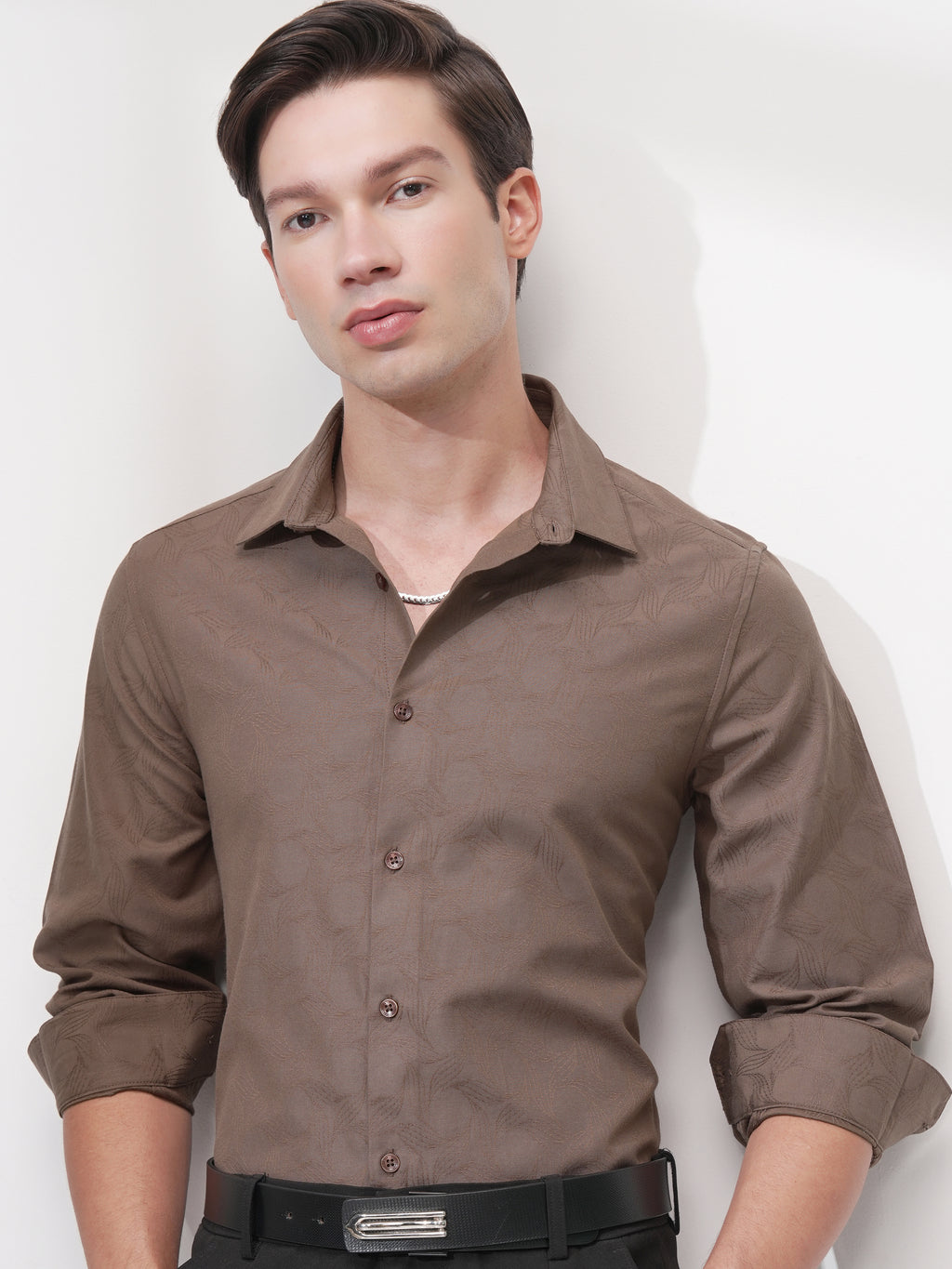 Highlander Men Coffee Brown Self Design Slim Fit Casual Shirt - Coffee Brown - Image 1