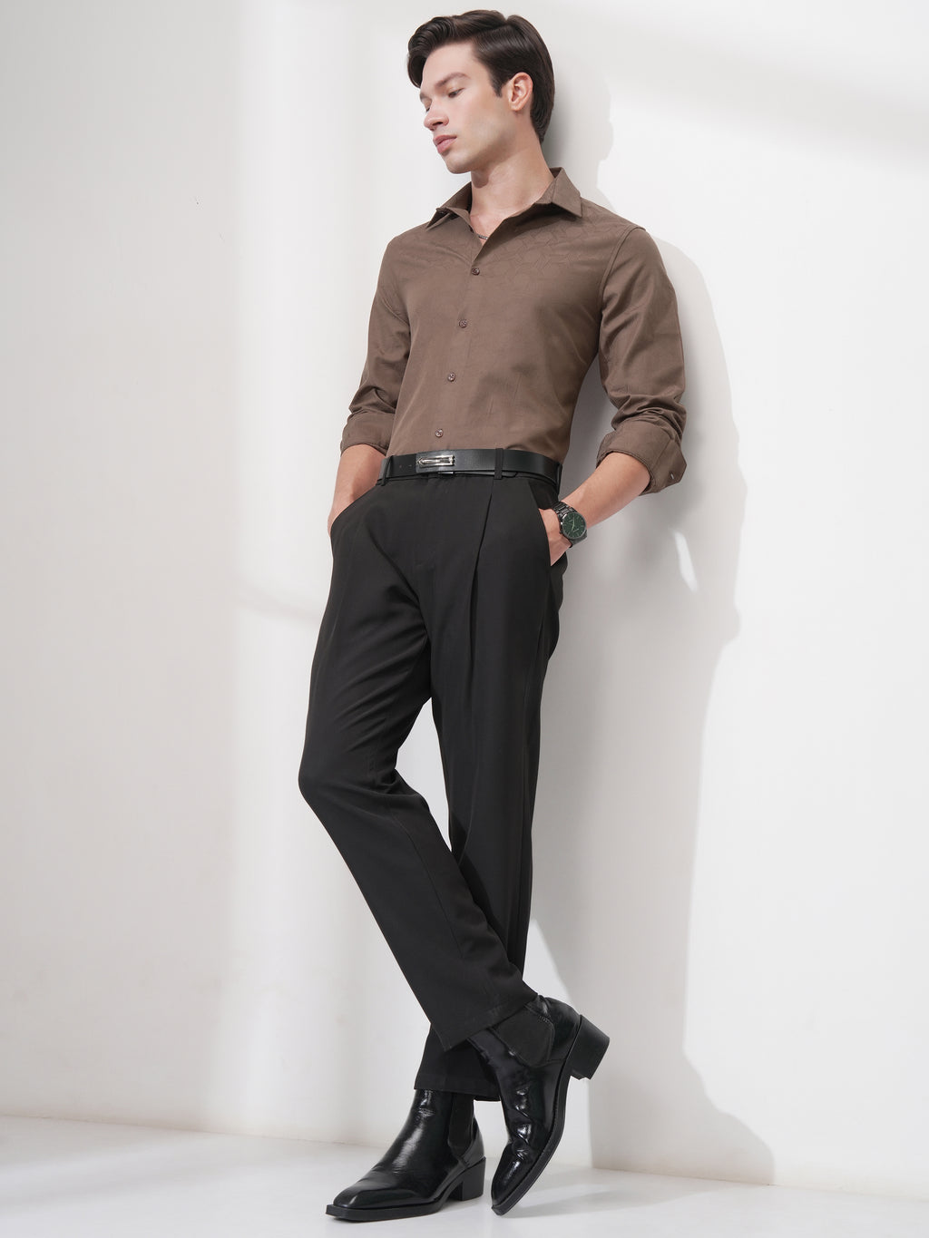 Highlander Men Coffee Brown Self Design Slim Fit Casual Shirt - Coffee Brown - Image 2