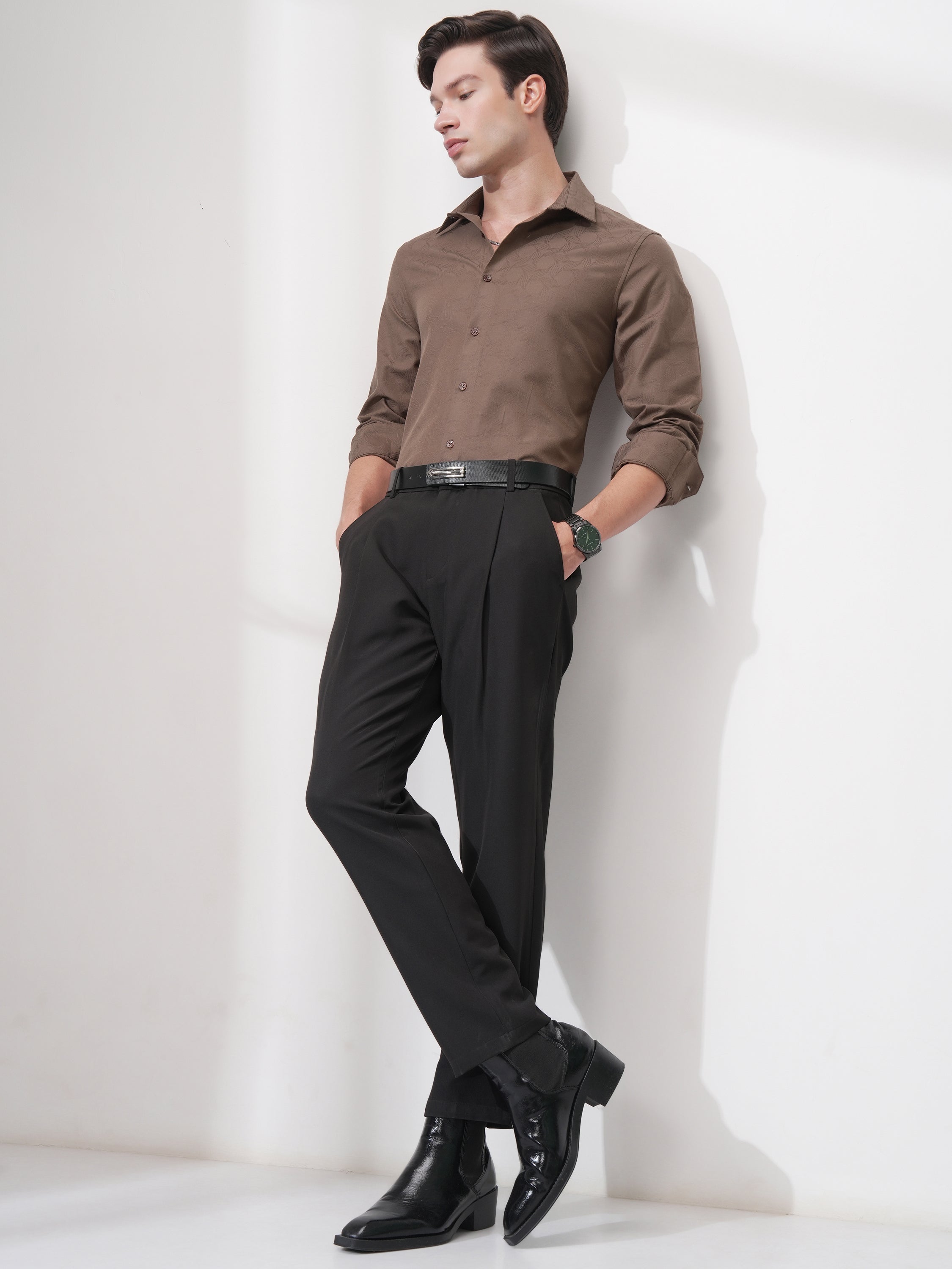 Highlander Men Coffee Brown Self Design Slim Fit Casual Shirt - Coffee Brown - Image 2