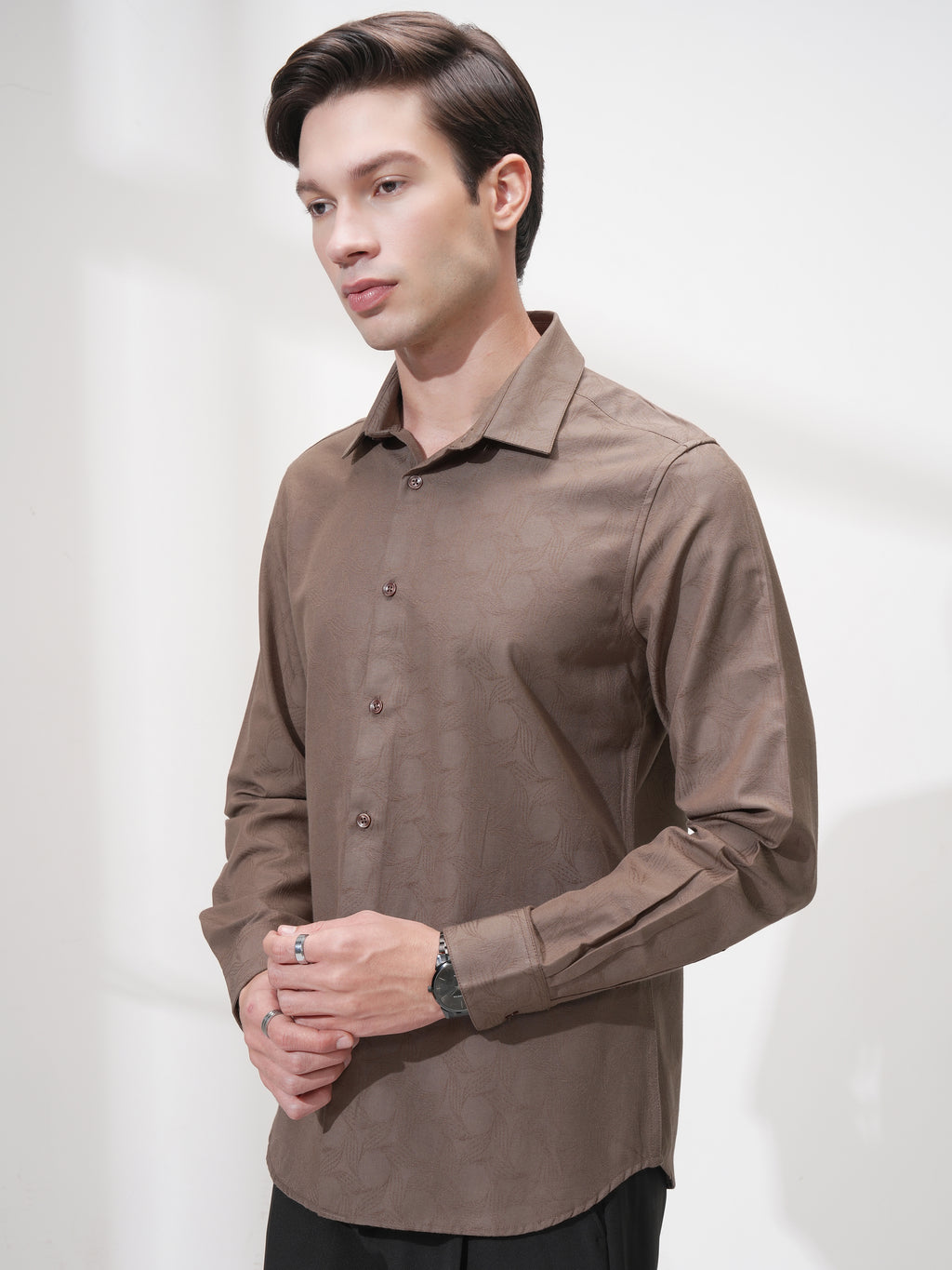 Highlander Men Coffee Brown Self Design Slim Fit Casual Shirt - Coffee Brown - Image 4