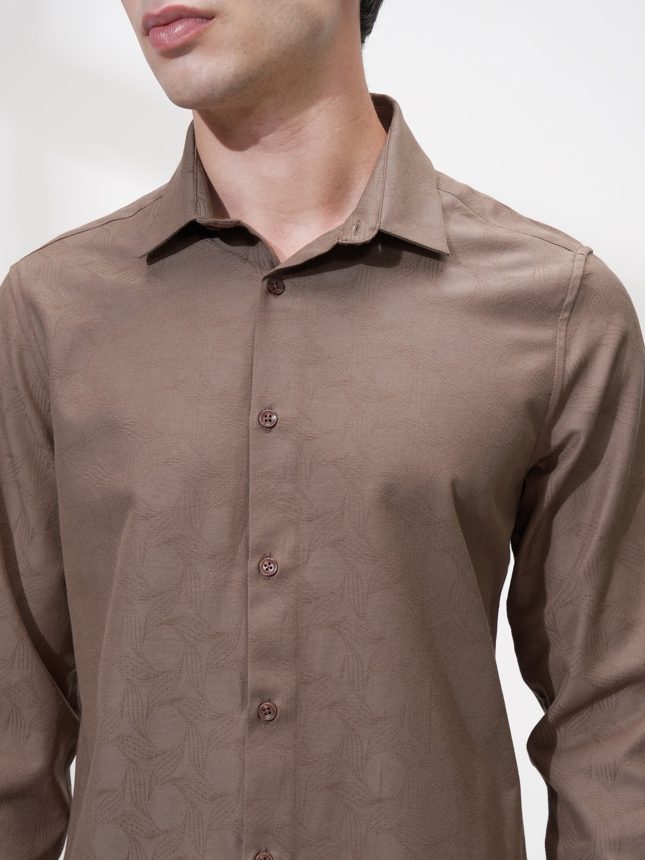Highlander Men Coffee Brown Self Design Slim Fit Casual Shirt - Coffee Brown - Image 5