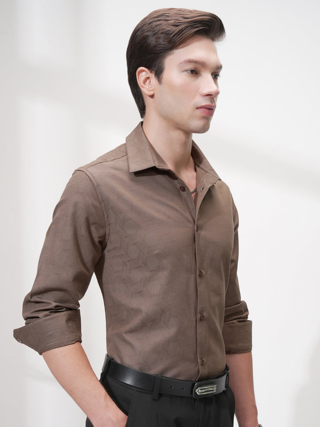 Highlander Men Coffee Brown Self Design Slim Fit Casual Shirt - Coffee Brown - Image 6