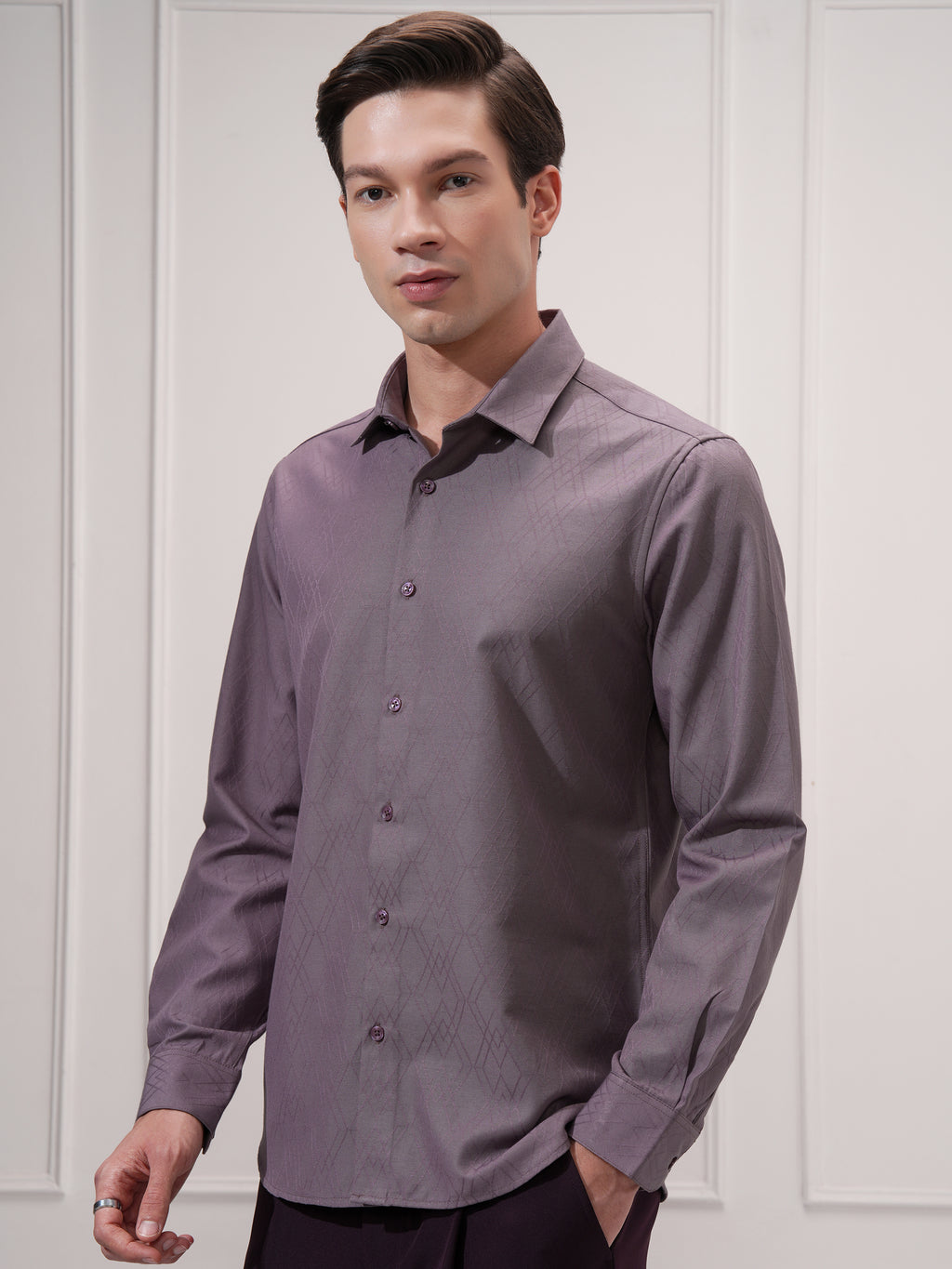 Highlander Men Purple Self Design Slim Fit Casual Shirt - Purple - Image 4