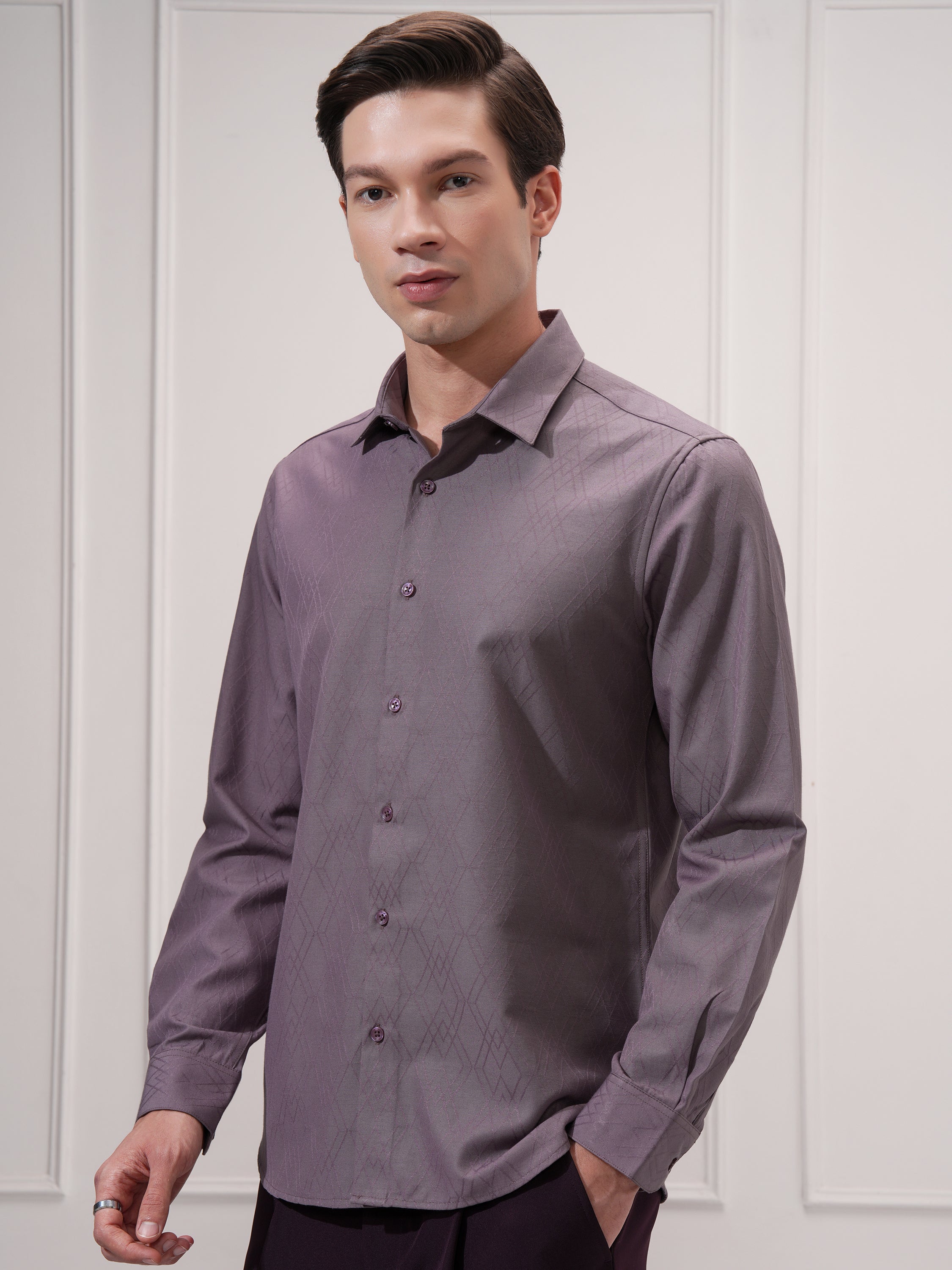 Highlander Men Purple Self Design Slim Fit Casual Shirt - Purple - Image 4