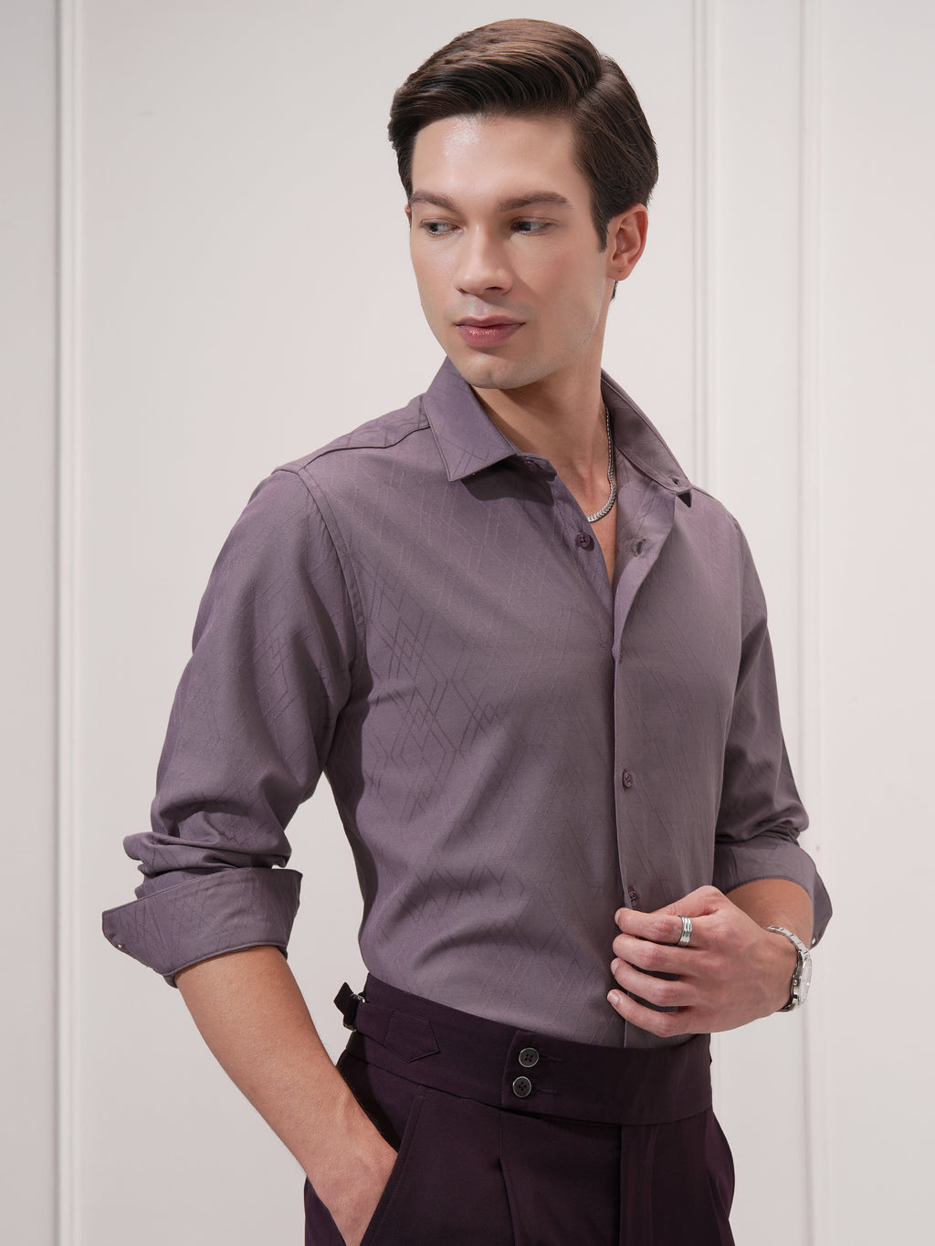 Highlander Men Purple Self Design Slim Fit Casual Shirt - Purple - Image 6