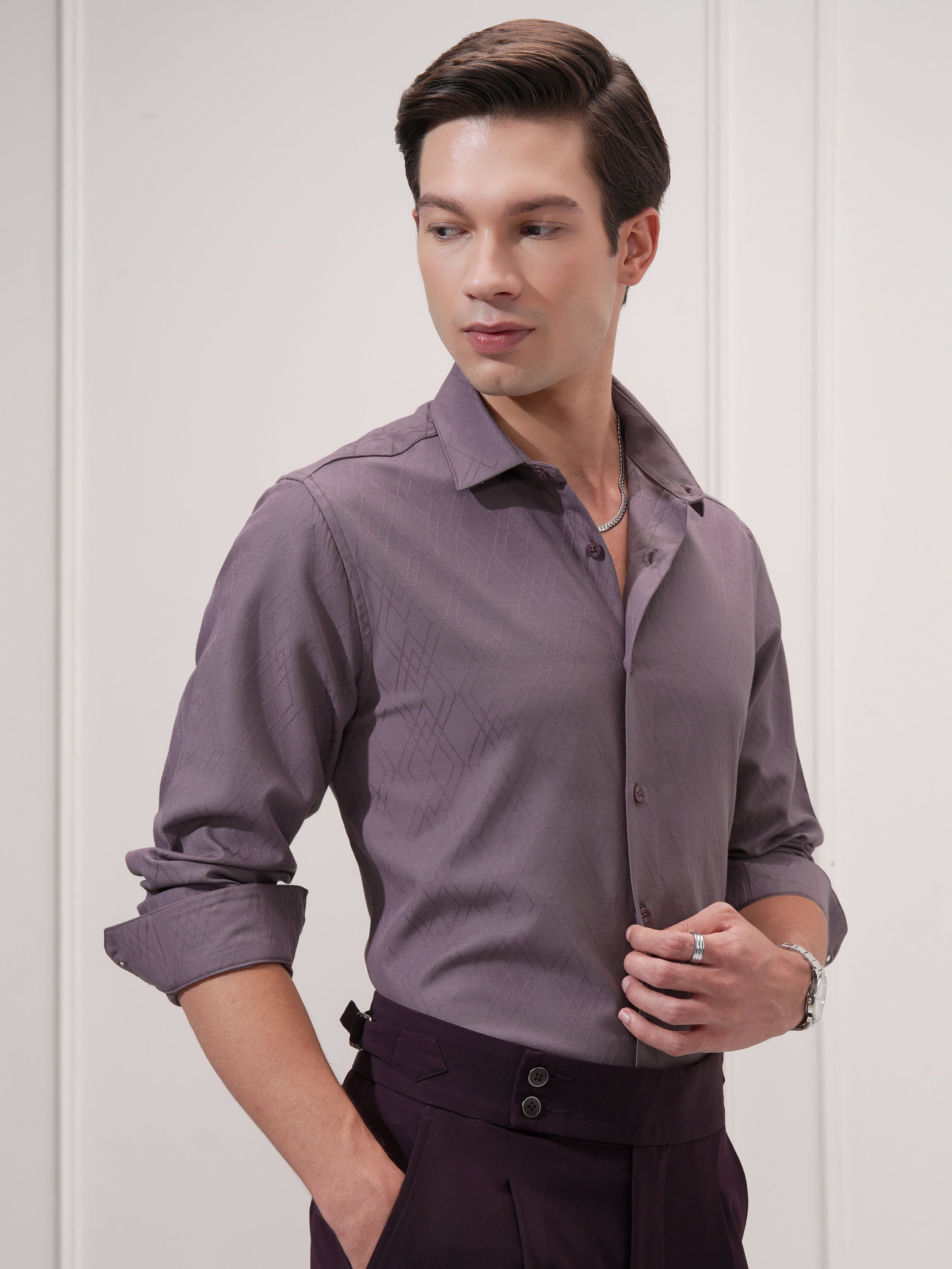 Highlander Men Purple Self Design Slim Fit Casual Shirt - Purple - Image 6