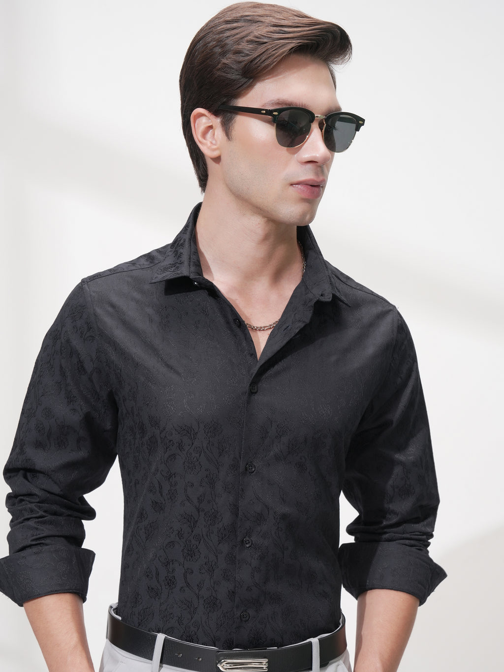 Highlander Men Black Self Design Slim Fit Casual Shirt - Black - Image 1