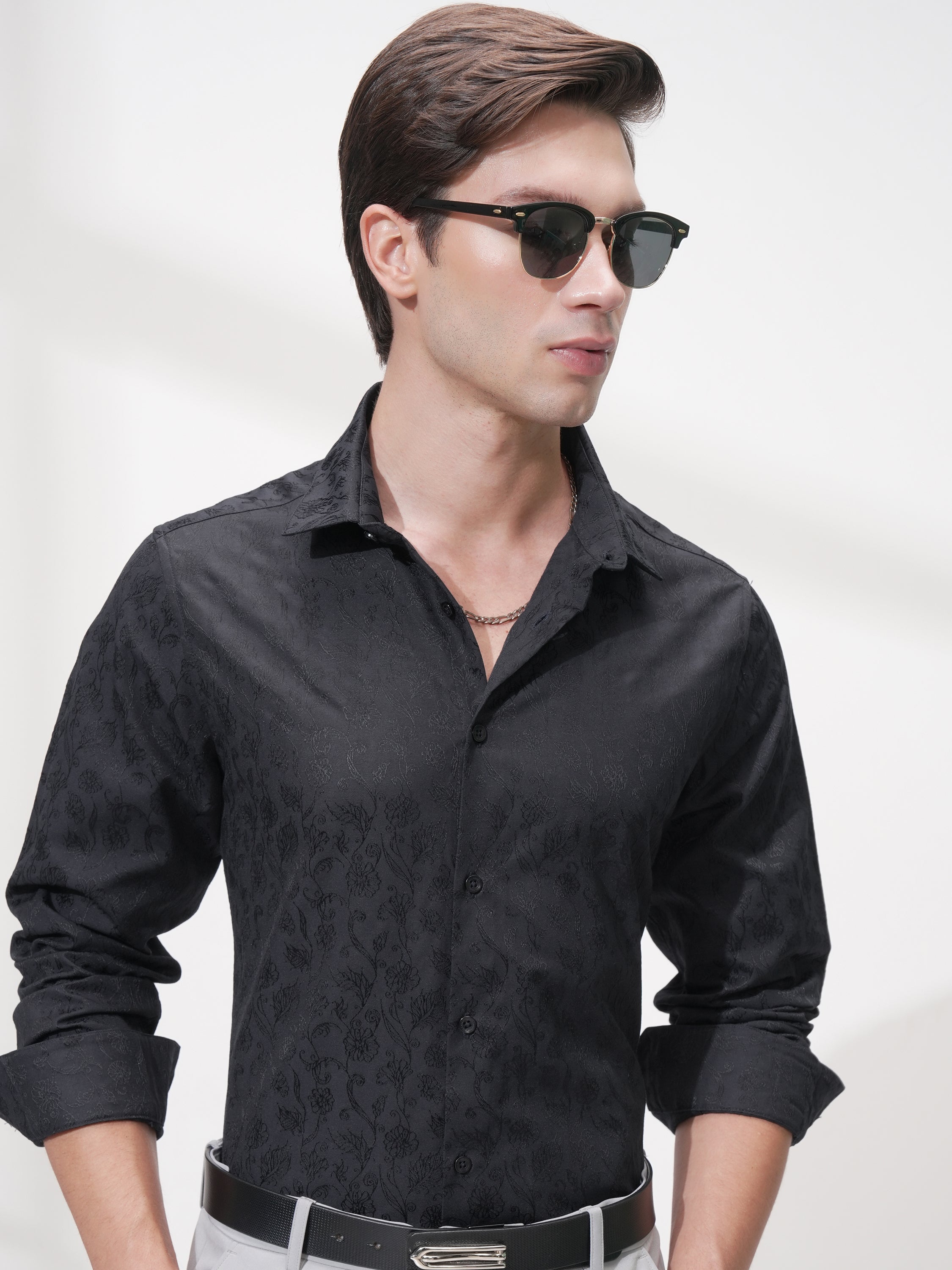 Highlander Men Black Self Design Slim Fit Casual Shirt - Black - Image 1