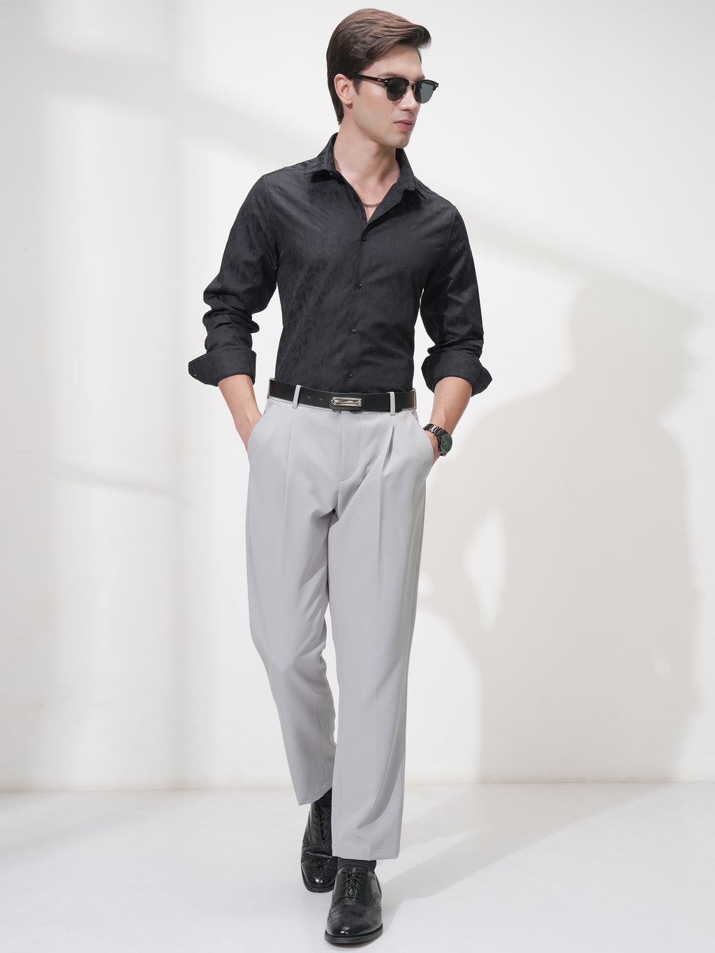 Highlander Men Black Self Design Slim Fit Casual Shirt - Black - Image 2