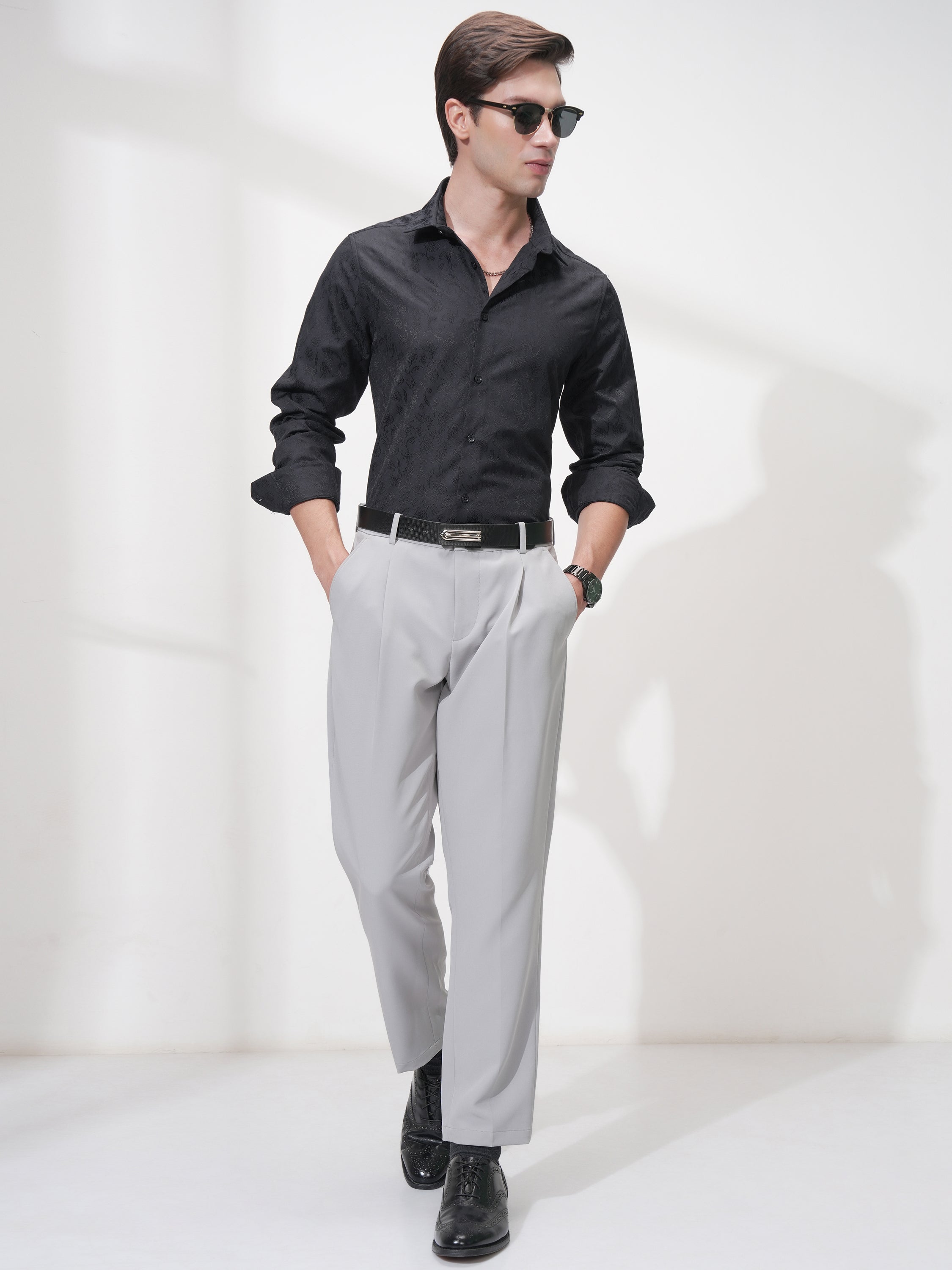 Highlander Men Black Self Design Slim Fit Casual Shirt - Black - Image 2