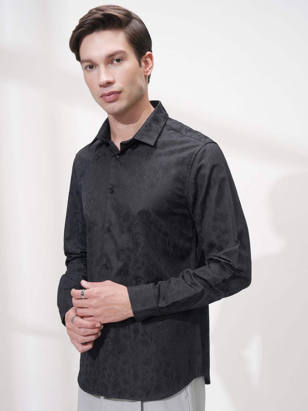 Highlander Men Black Self Design Slim Fit Casual Shirt - Black - Image 4