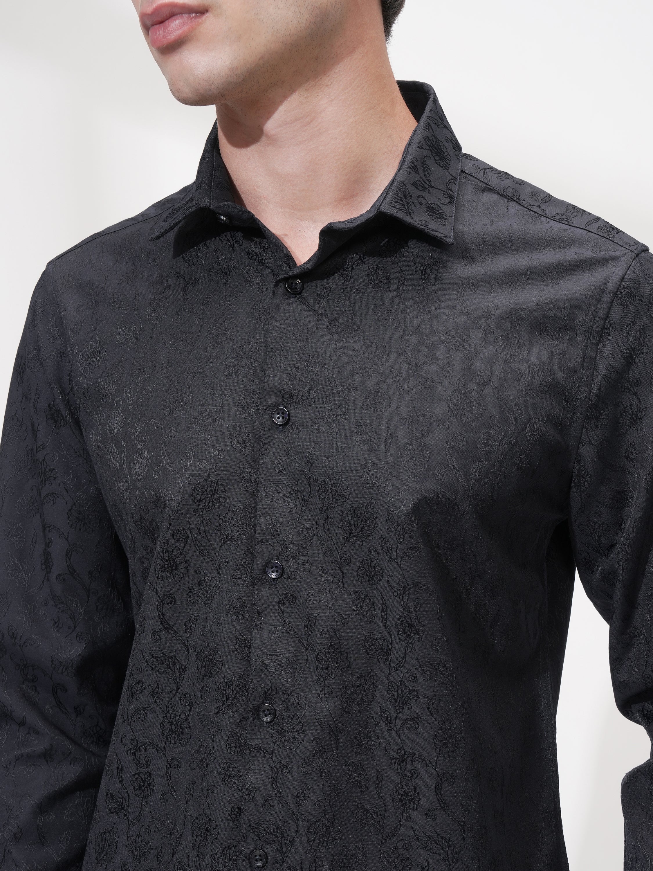 Highlander Men Black Self Design Slim Fit Casual Shirt - Black - Image 5