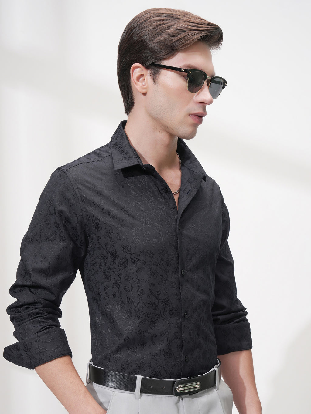 Highlander Men Black Self Design Slim Fit Casual Shirt - Black - Image 6