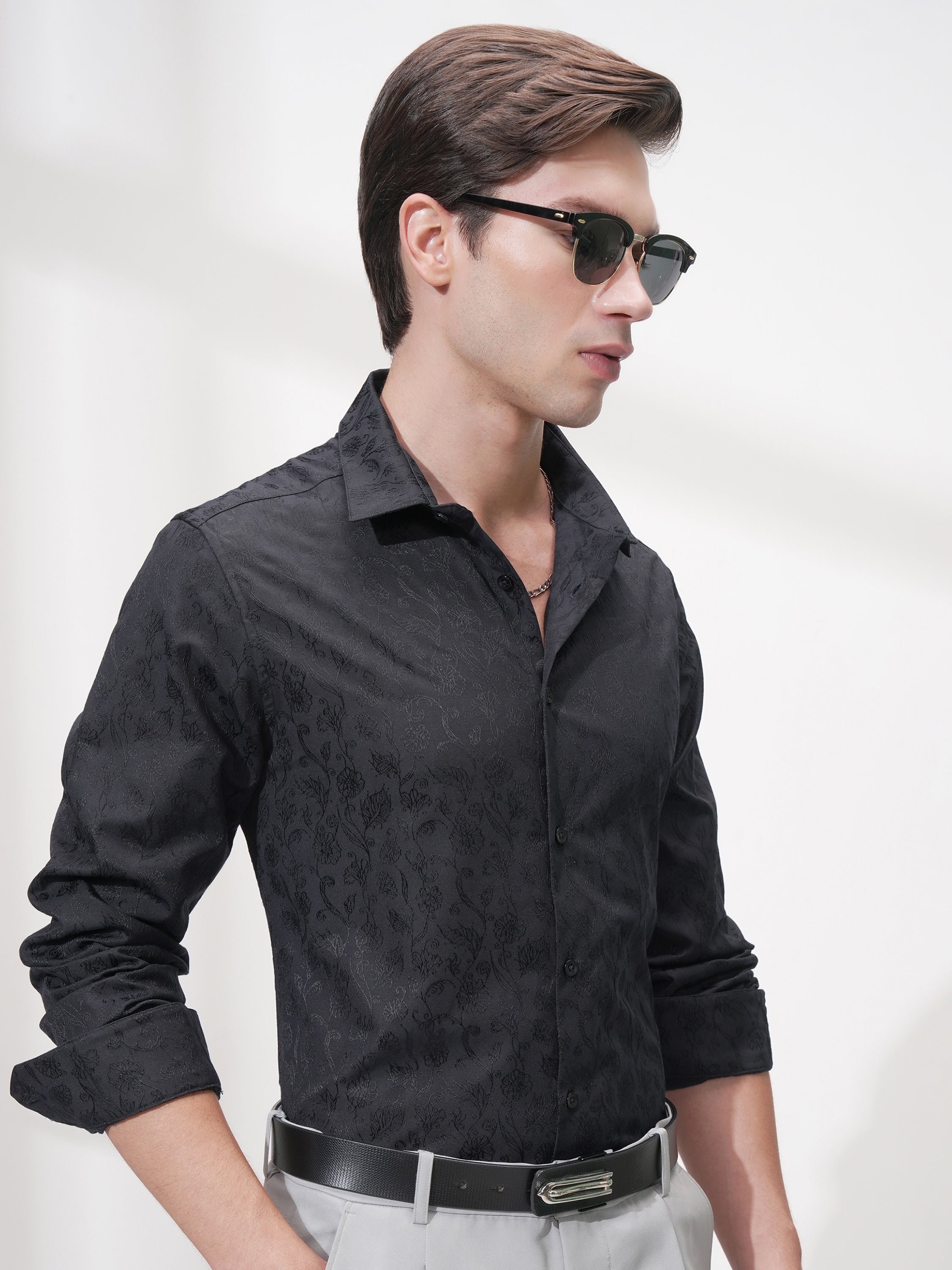 Highlander Men Black Self Design Slim Fit Casual Shirt - Black - Image 6