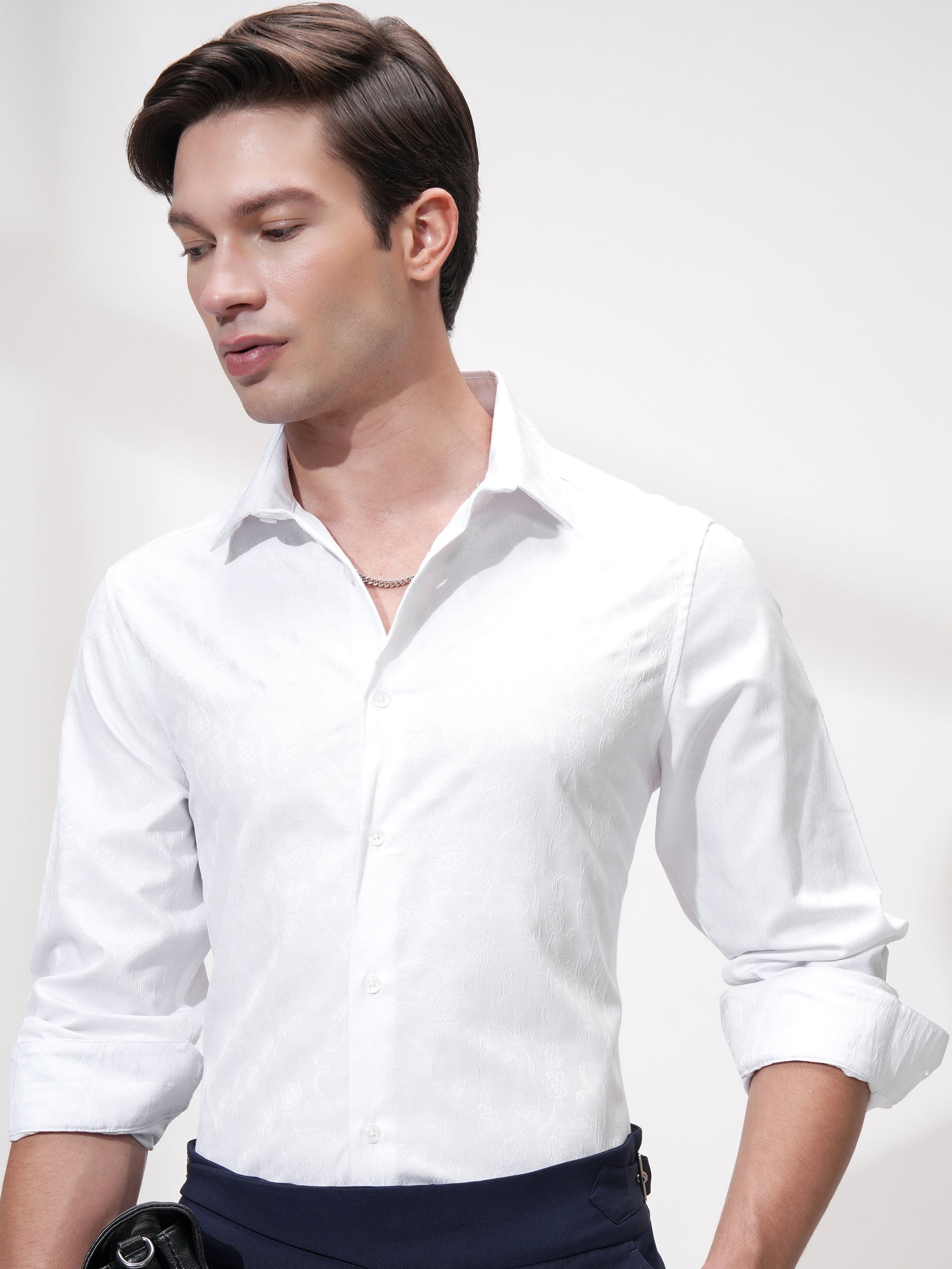 Highlander Men White Self Design Slim Fit Casual Shirt - White - Image 1