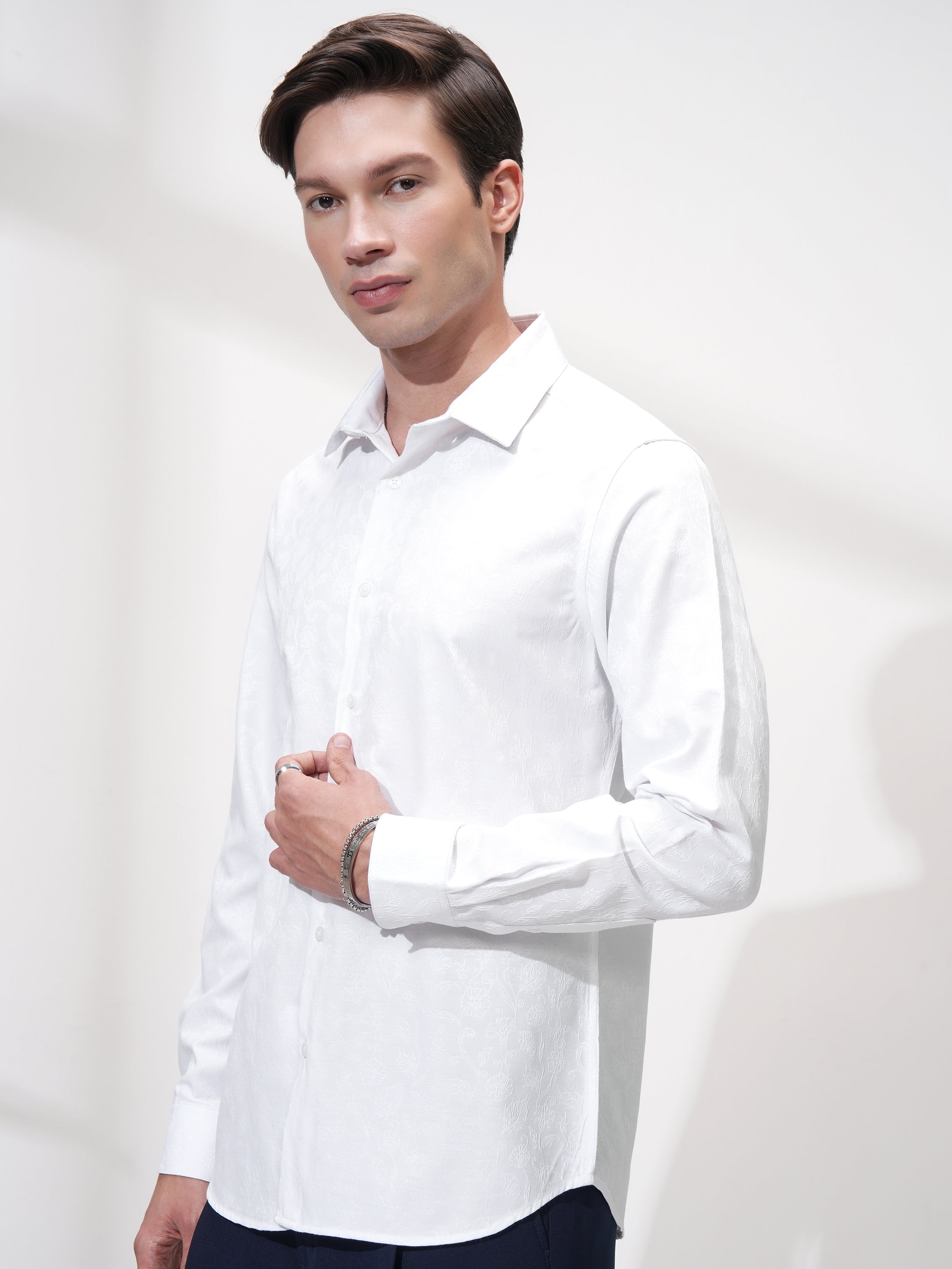 Highlander Men White Self Design Slim Fit Casual Shirt - White - Image 4