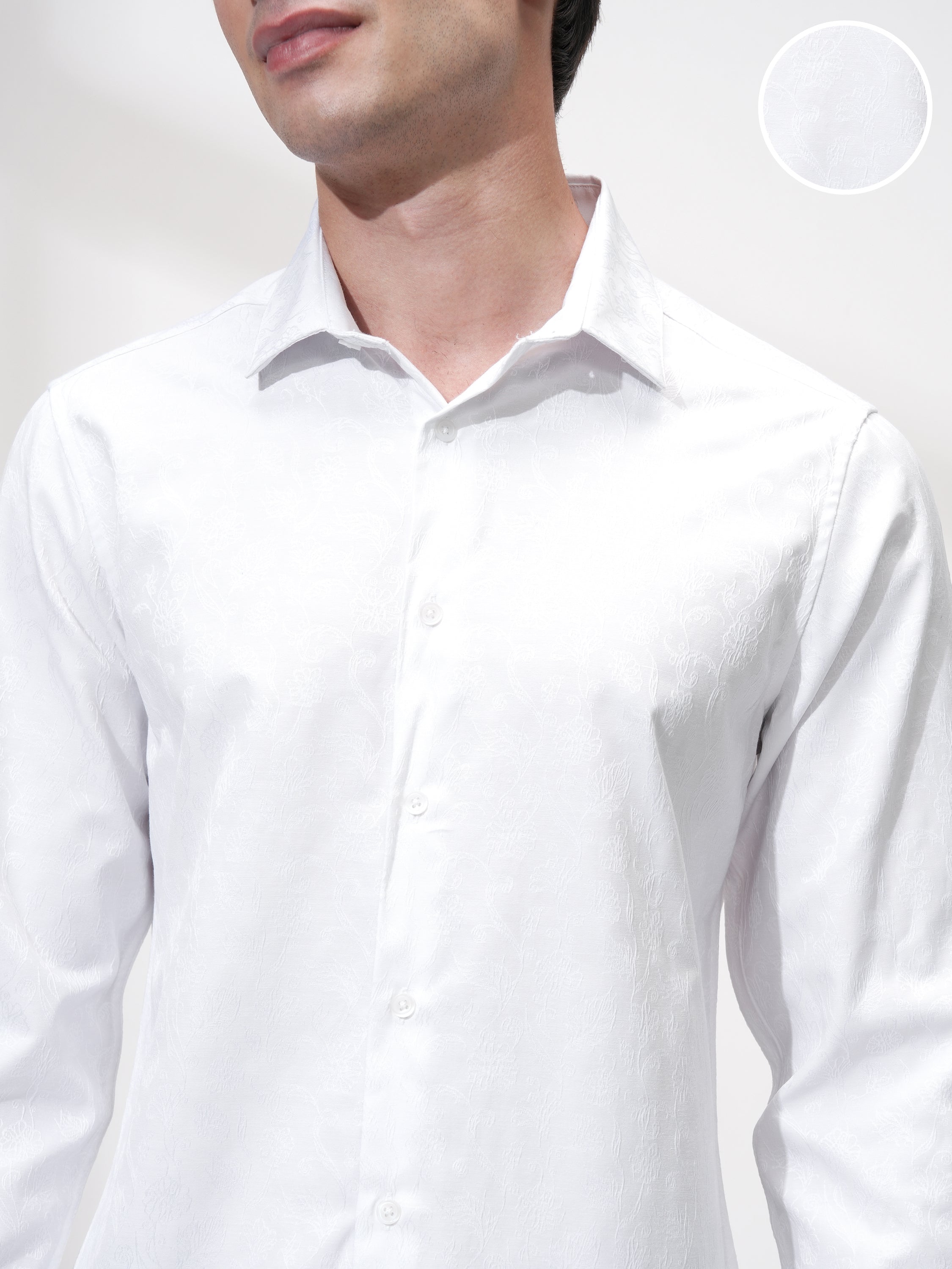 Highlander Men White Self Design Slim Fit Casual Shirt - White - Image 5