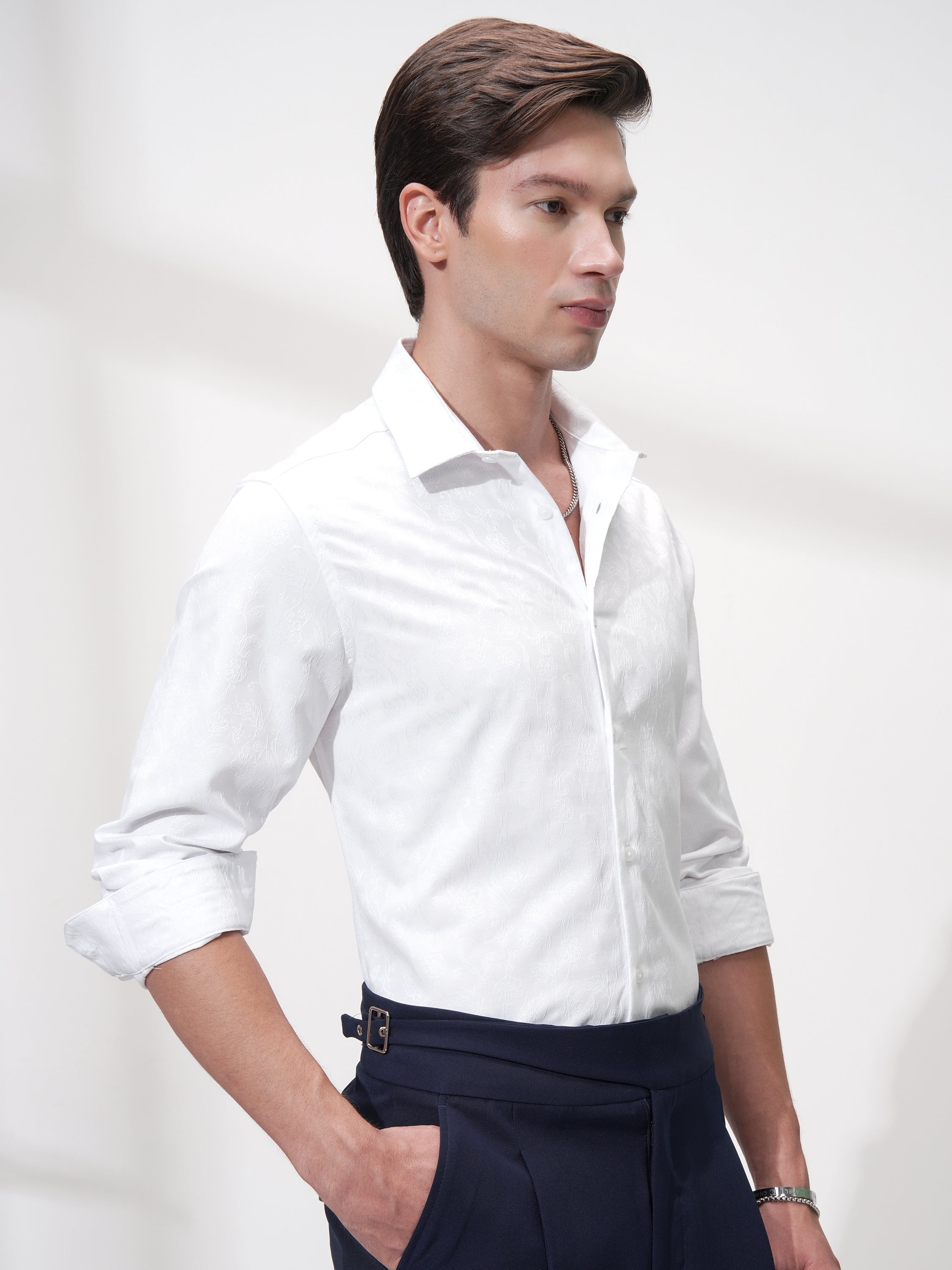Highlander Men White Self Design Slim Fit Casual Shirt - White - Image 6