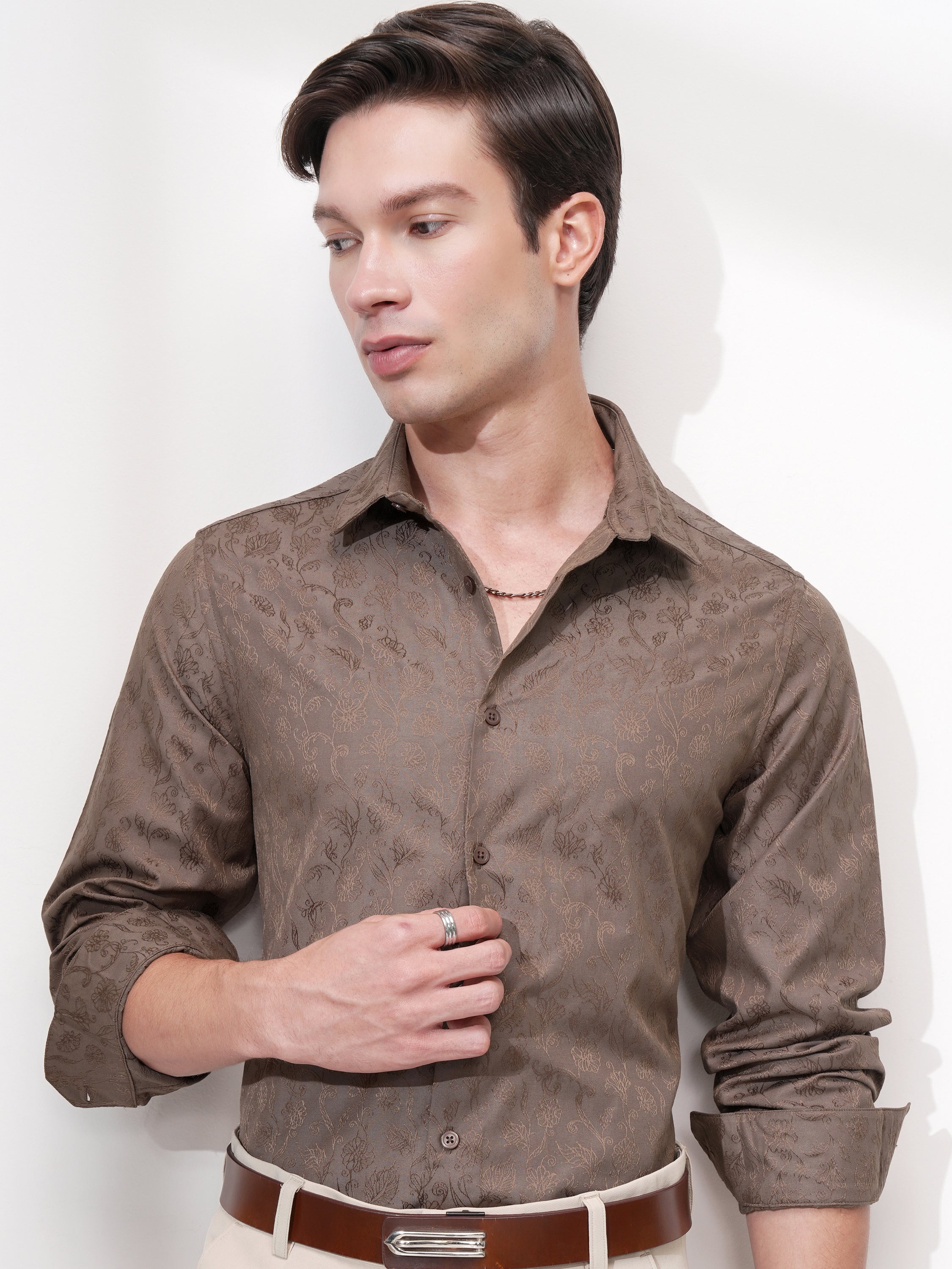 Highlander Men Brown Self Design Slim Fit Casual Shirt - Brown - Image 1