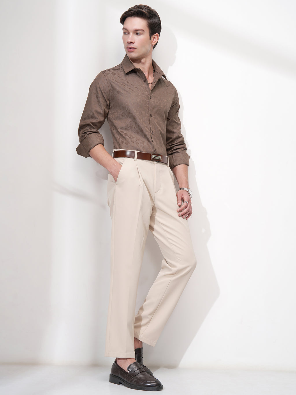 Highlander Men Brown Self Design Slim Fit Casual Shirt - Brown - Image 2