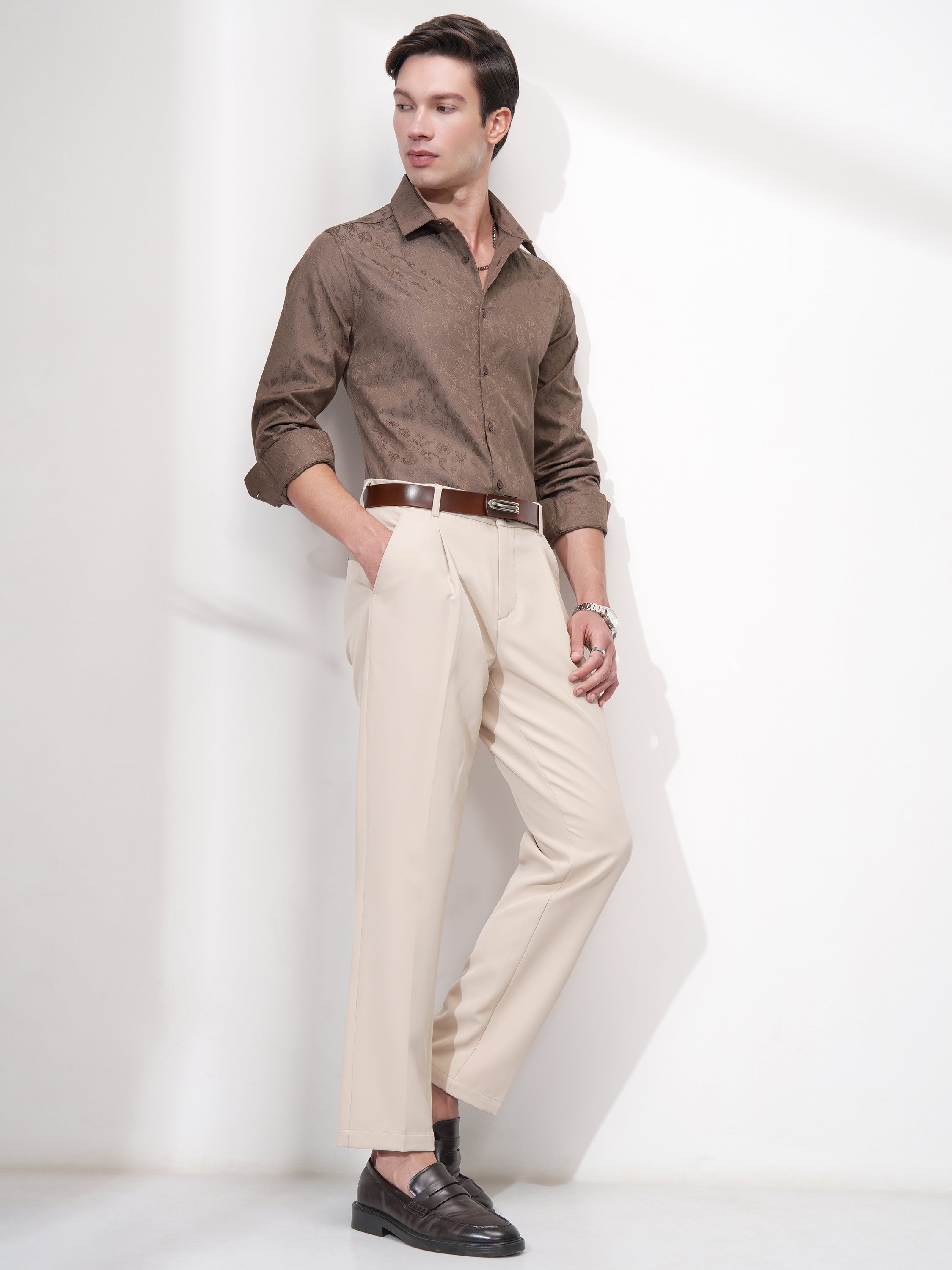 Highlander Men Brown Self Design Slim Fit Casual Shirt - Brown - Image 2