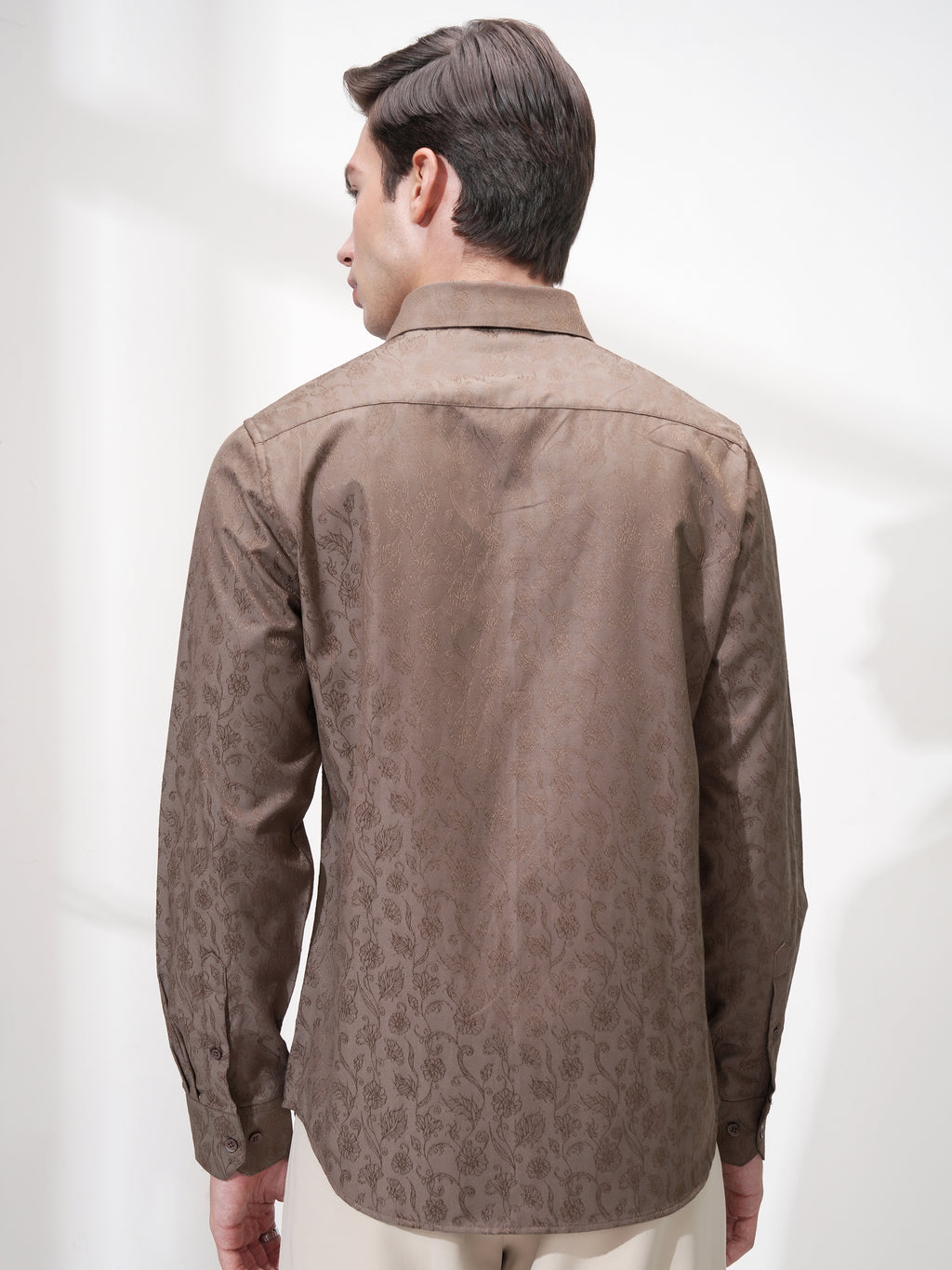 Highlander Men Brown Self Design Slim Fit Casual Shirt - Brown - Image 3