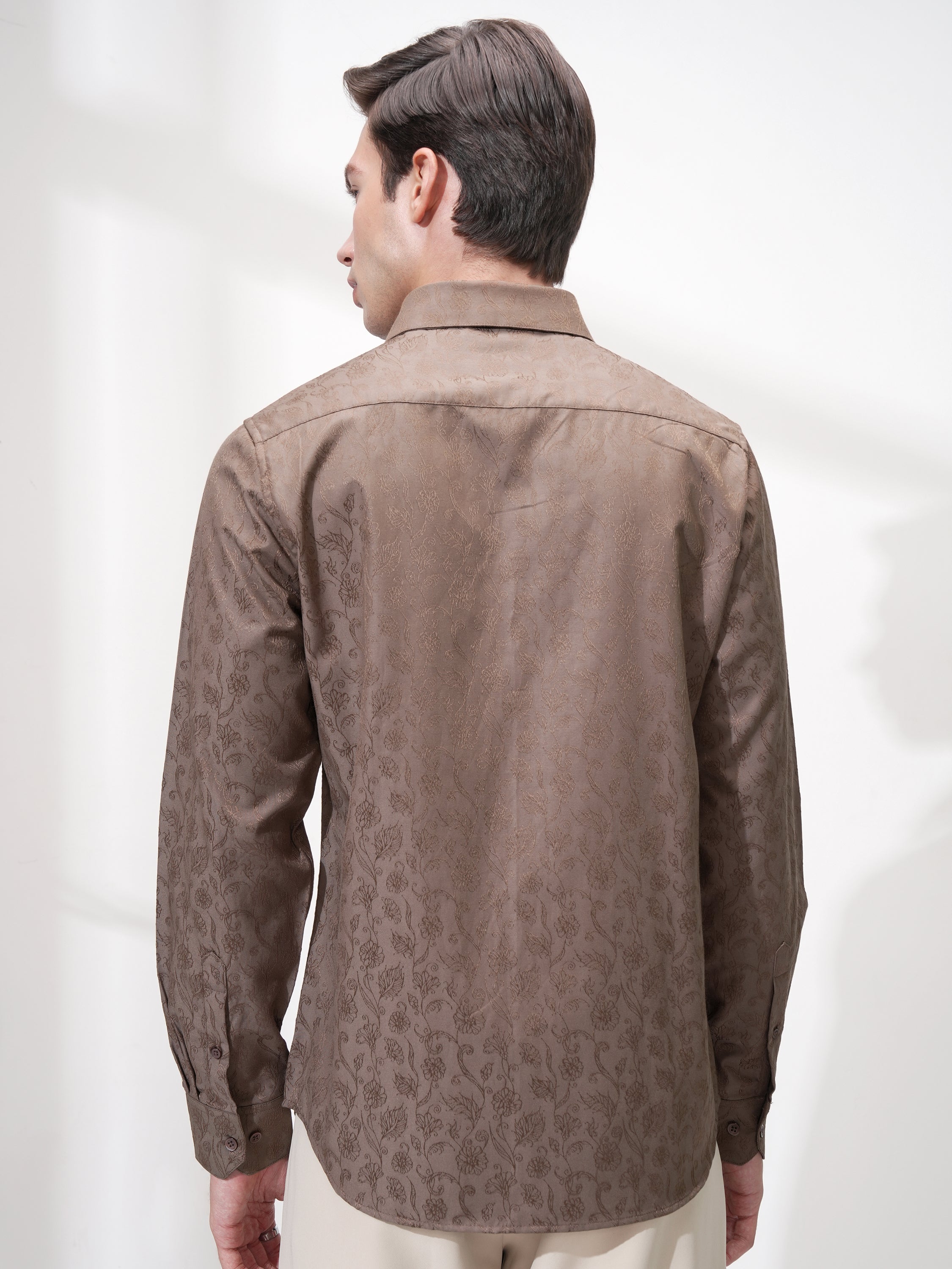 Highlander Men Brown Self Design Slim Fit Casual Shirt - Brown - Image 3