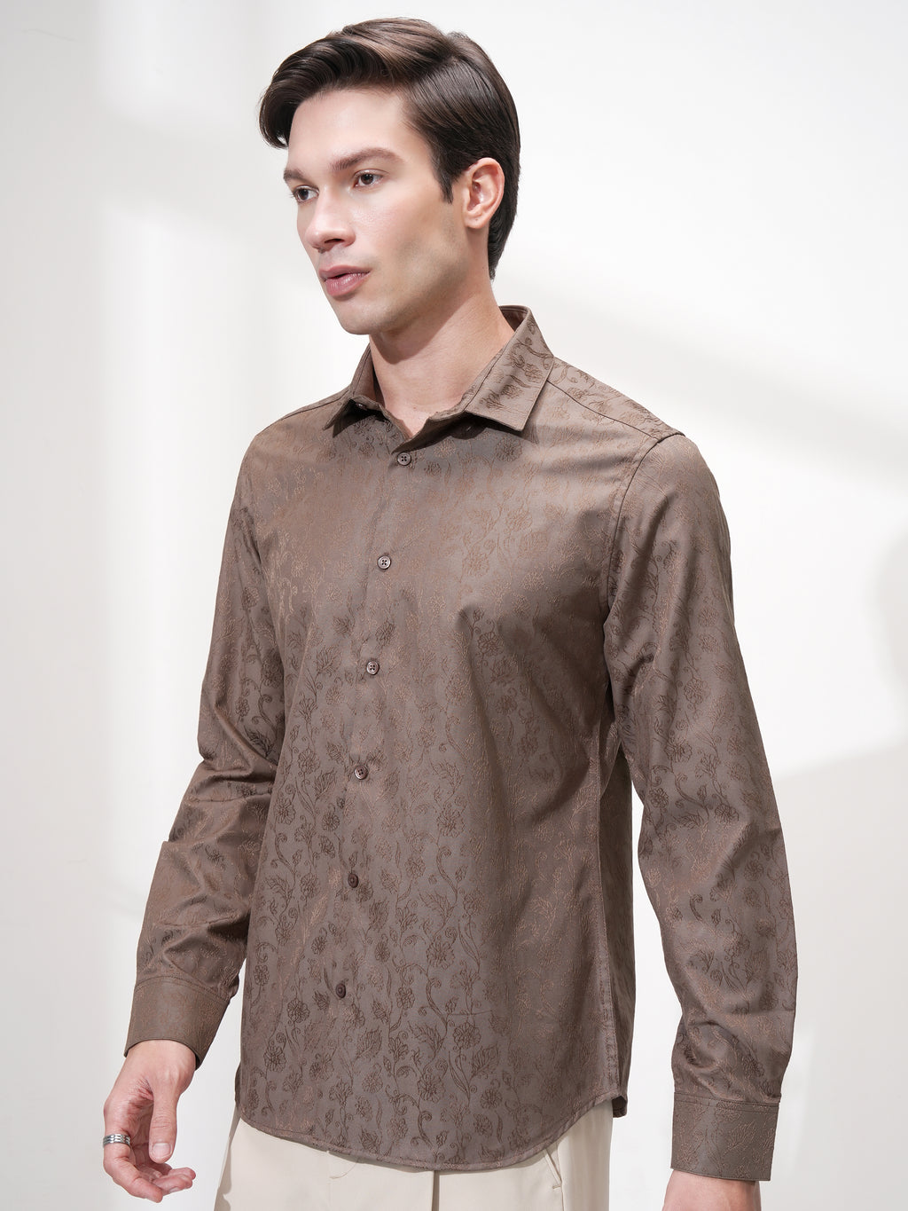 Highlander Men Brown Self Design Slim Fit Casual Shirt - Brown - Image 4