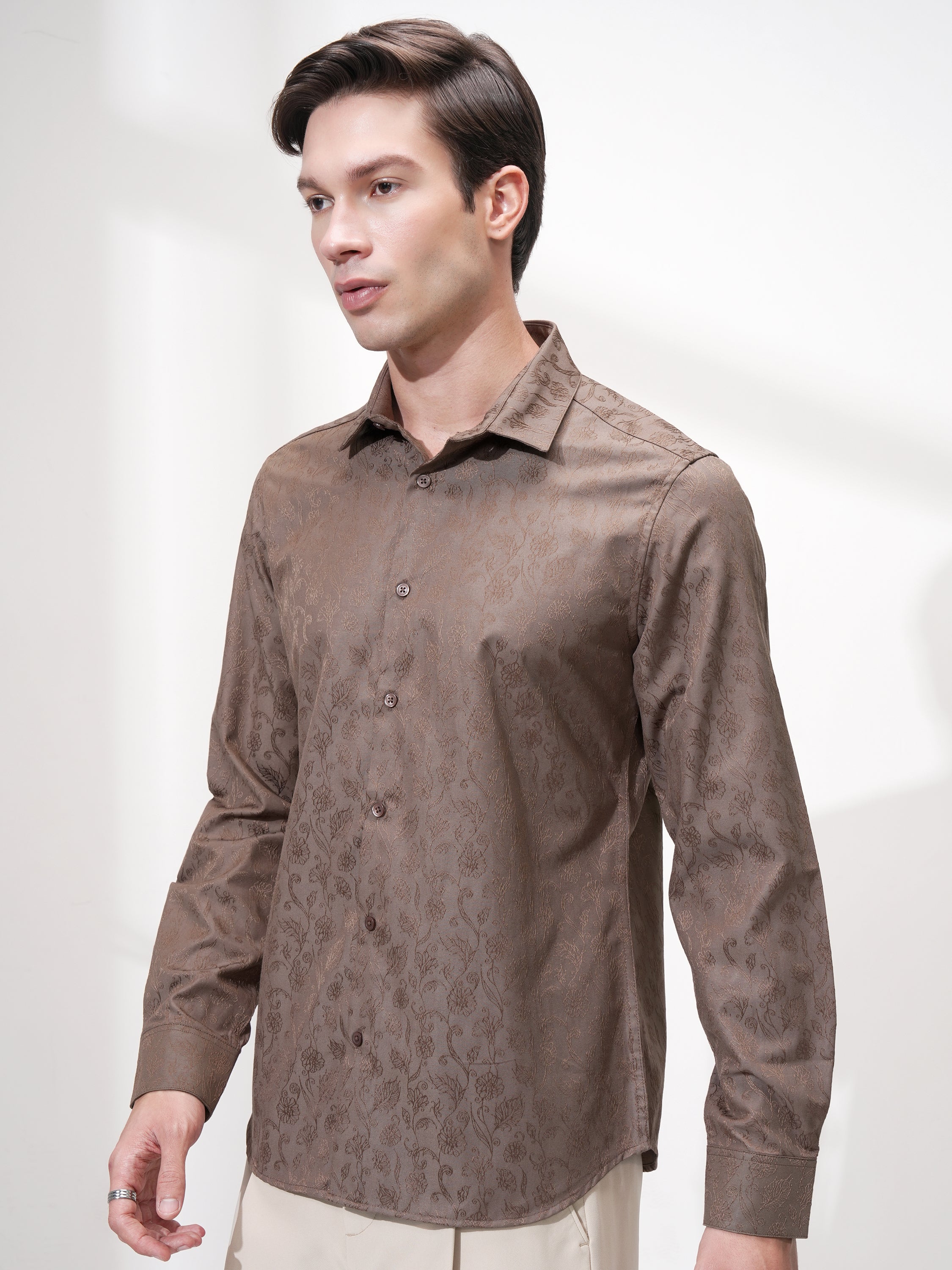 Highlander Men Brown Self Design Slim Fit Casual Shirt - Brown - Image 4