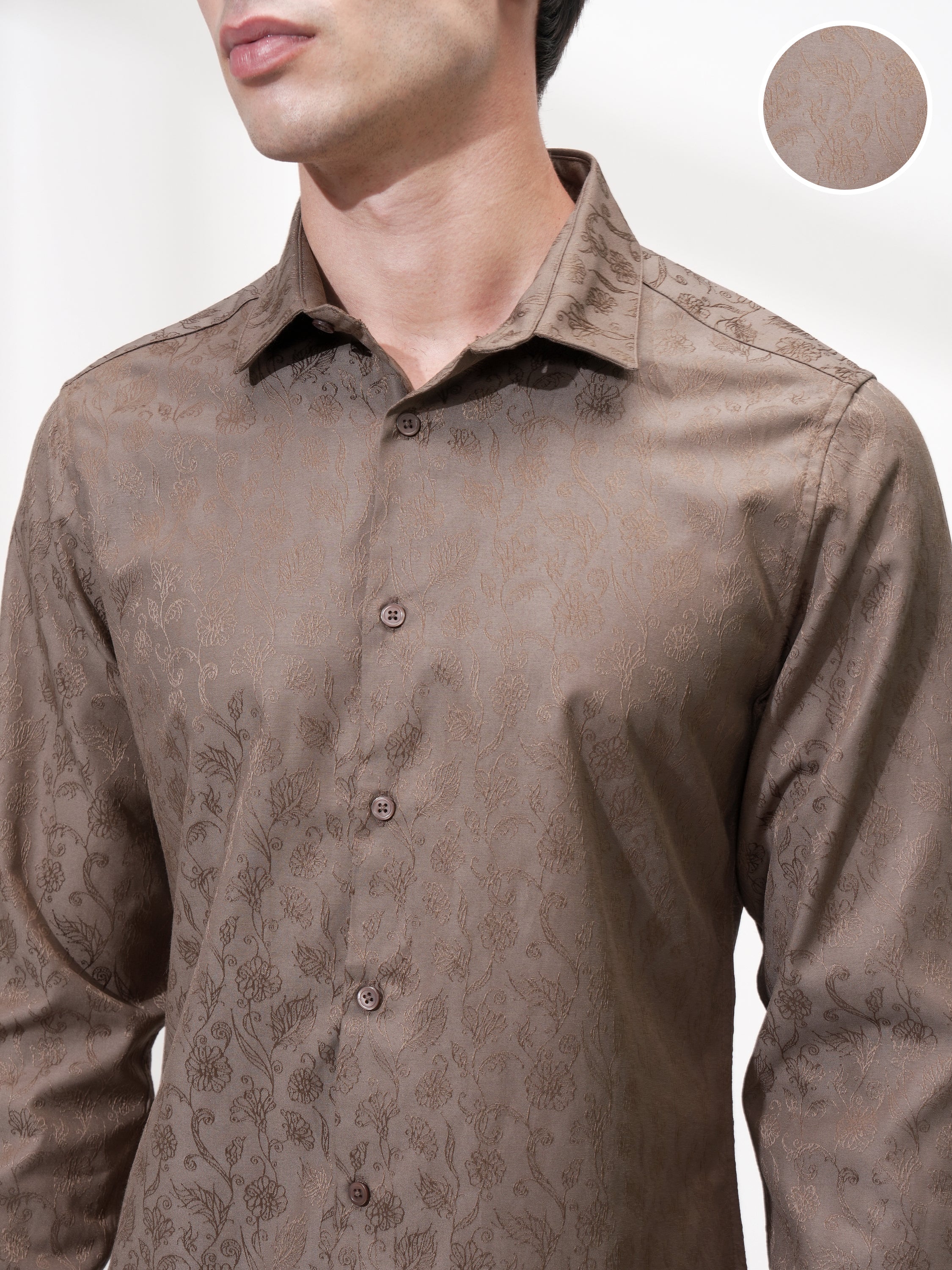 Highlander Men Brown Self Design Slim Fit Casual Shirt - Brown - Image 5